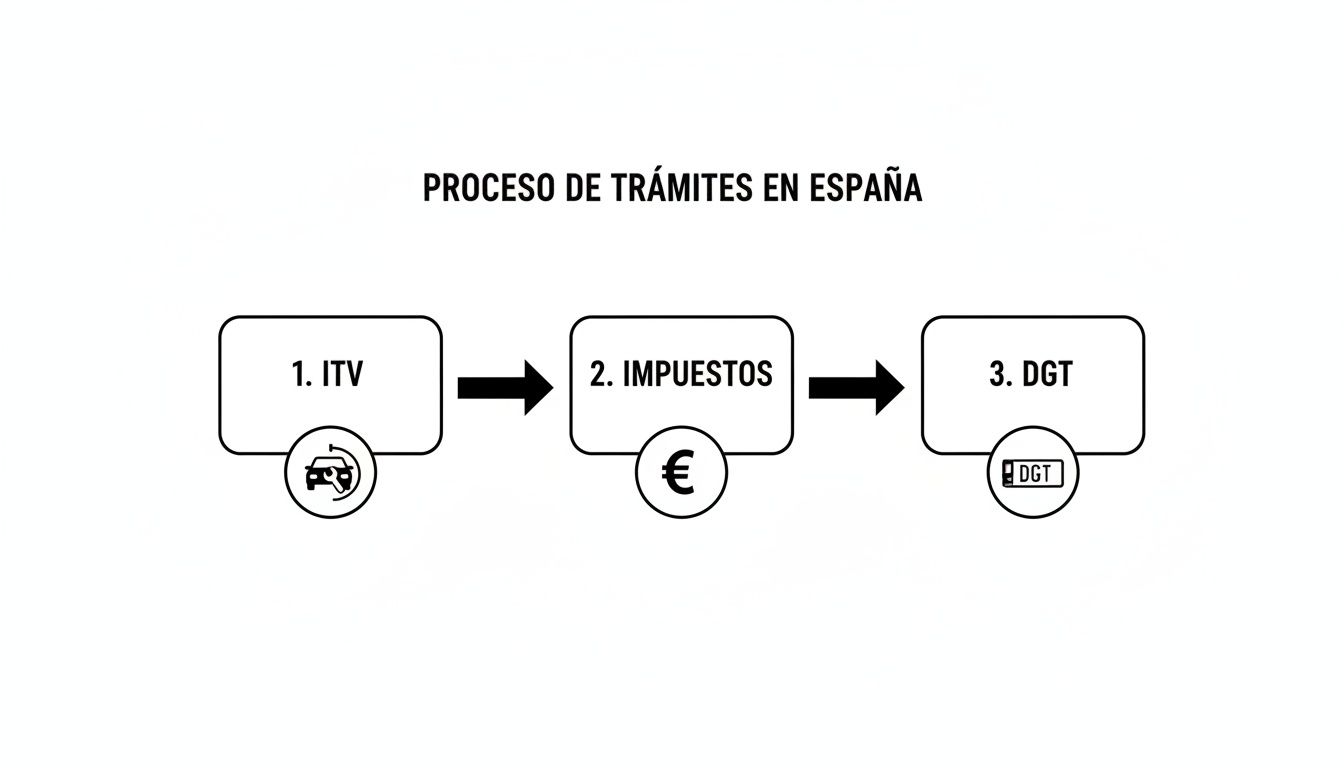Diagrama de flujo que muestra el proceso de trámites en España: ITV, Impuestos y DGT.