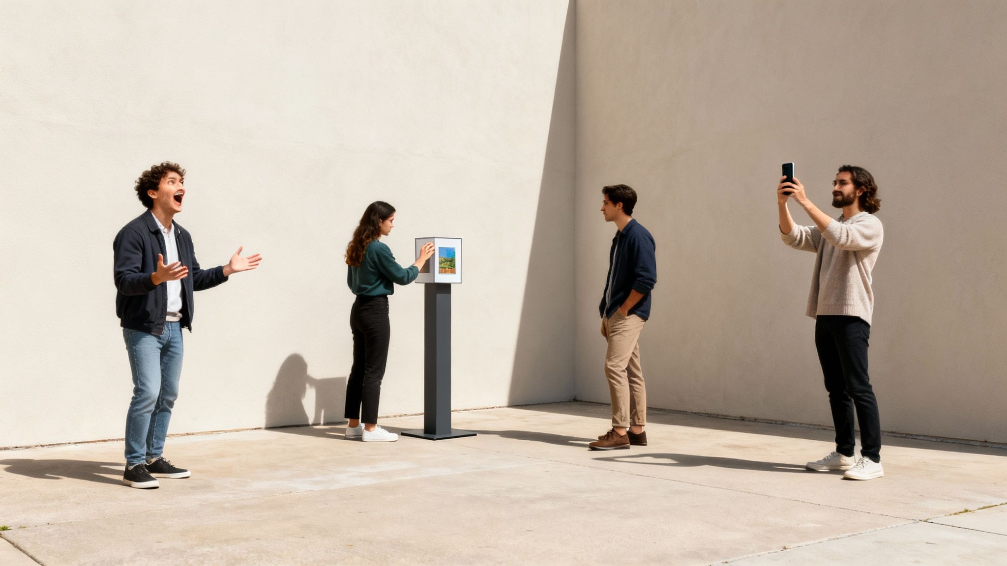 Cuatro jóvenes interactúan con una pantalla digital interactiva al aire libre, mostrando diversas reacciones.