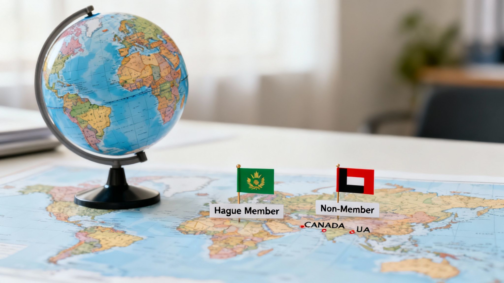 A globe and world map on a desk with flags representing Hague members and non-members.