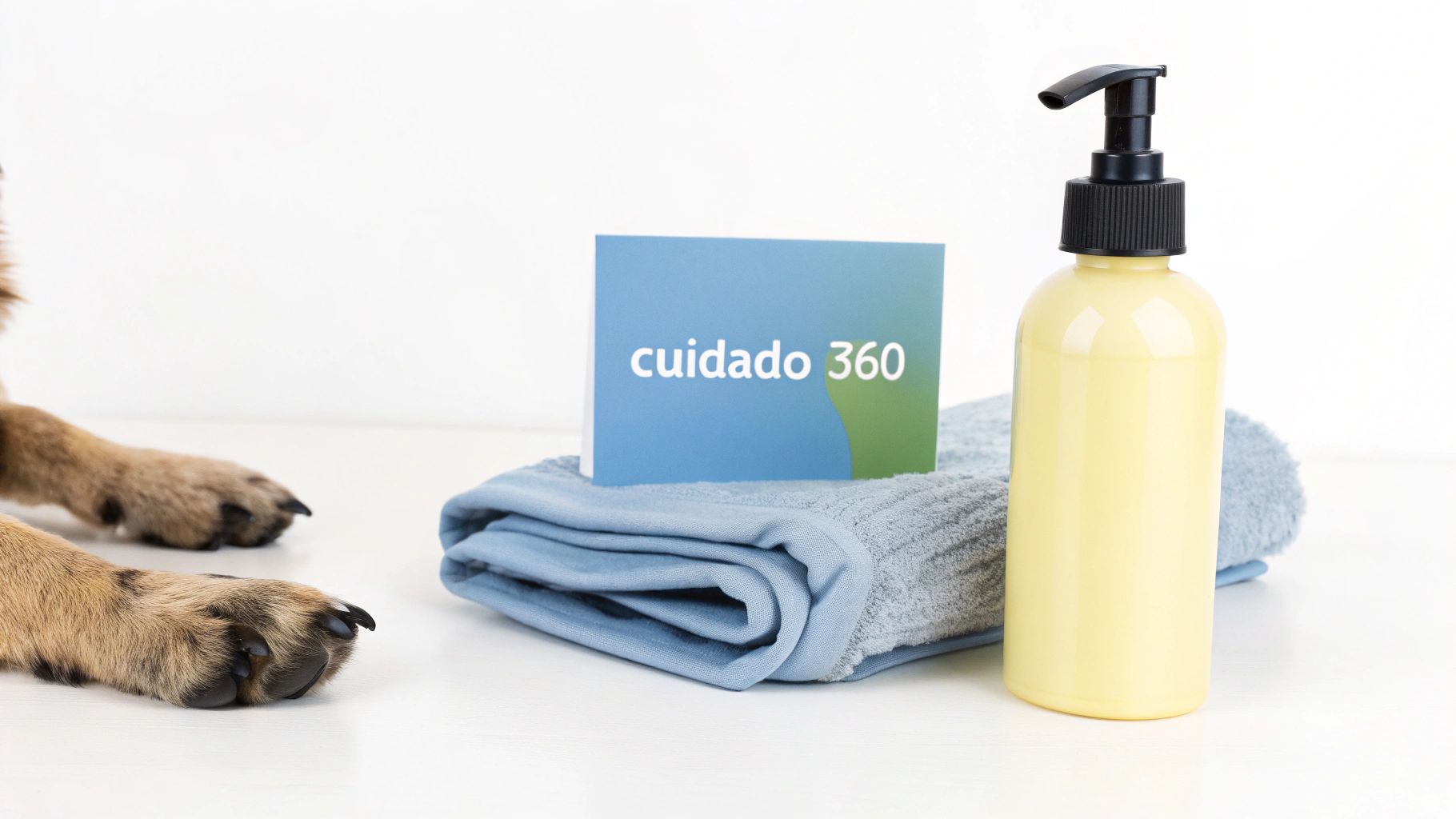 Patas de perro, toalla azul, tarjeta 'cuidado 360' y botella de champú amarillo para el aseo.