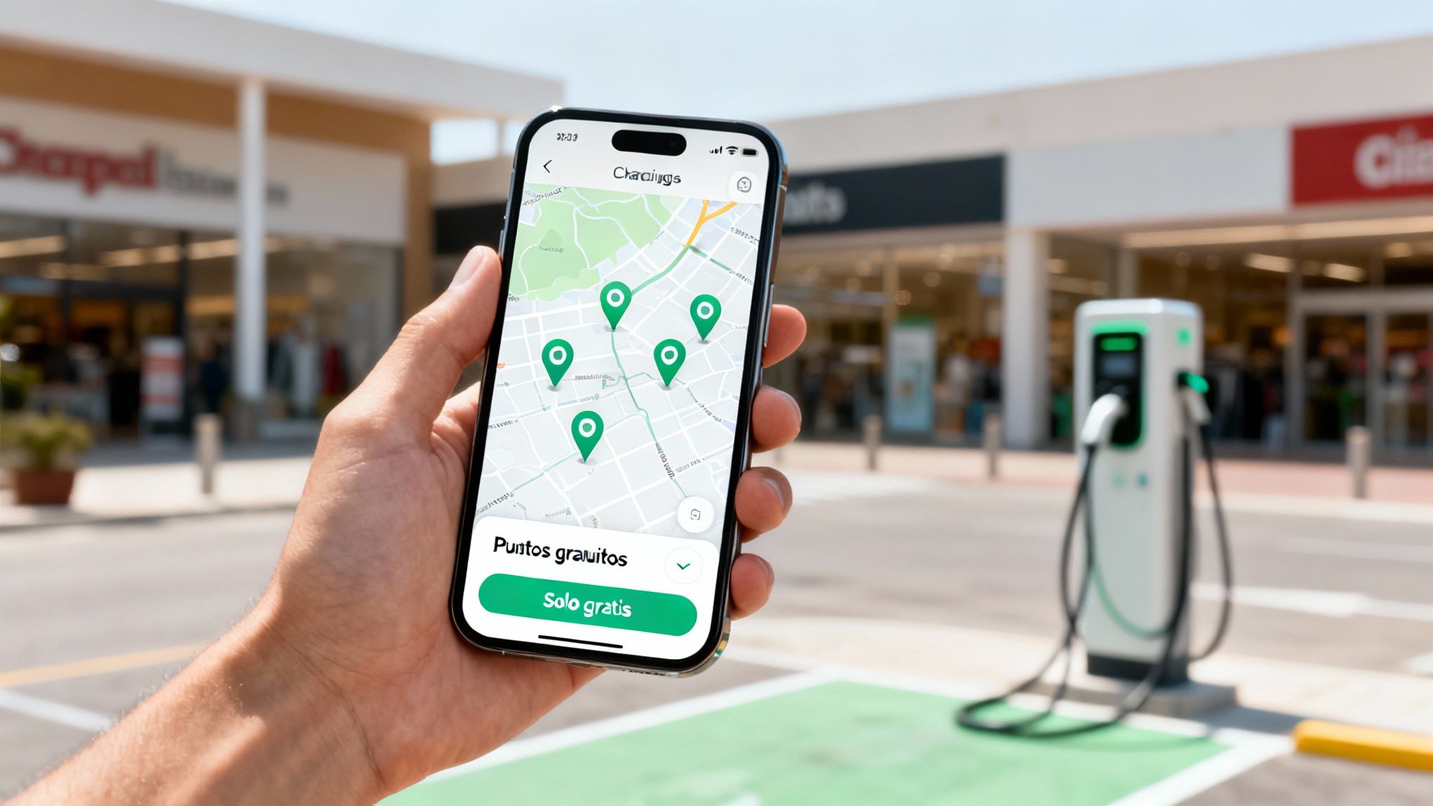Mano sosteniendo un smartphone con mapa de puntos de recarga gratuitos para coches eléctricos, con un cargador de VE al fondo.