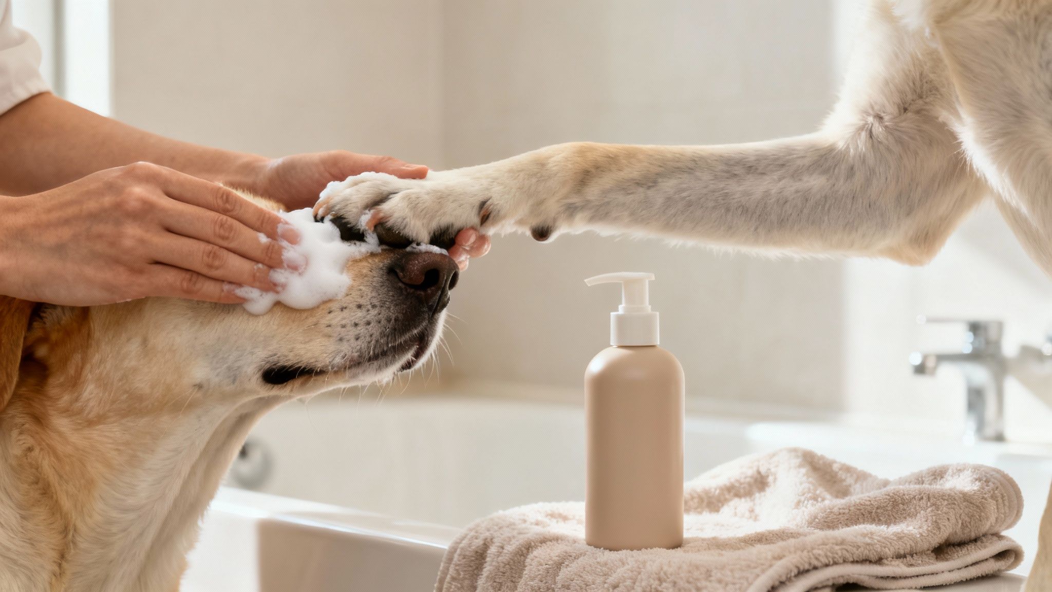 Una persona baña a un perro Labrador con champú, creando espuma alrededor de su cara en el baño. Botella de champú y toalla en el mostrador.