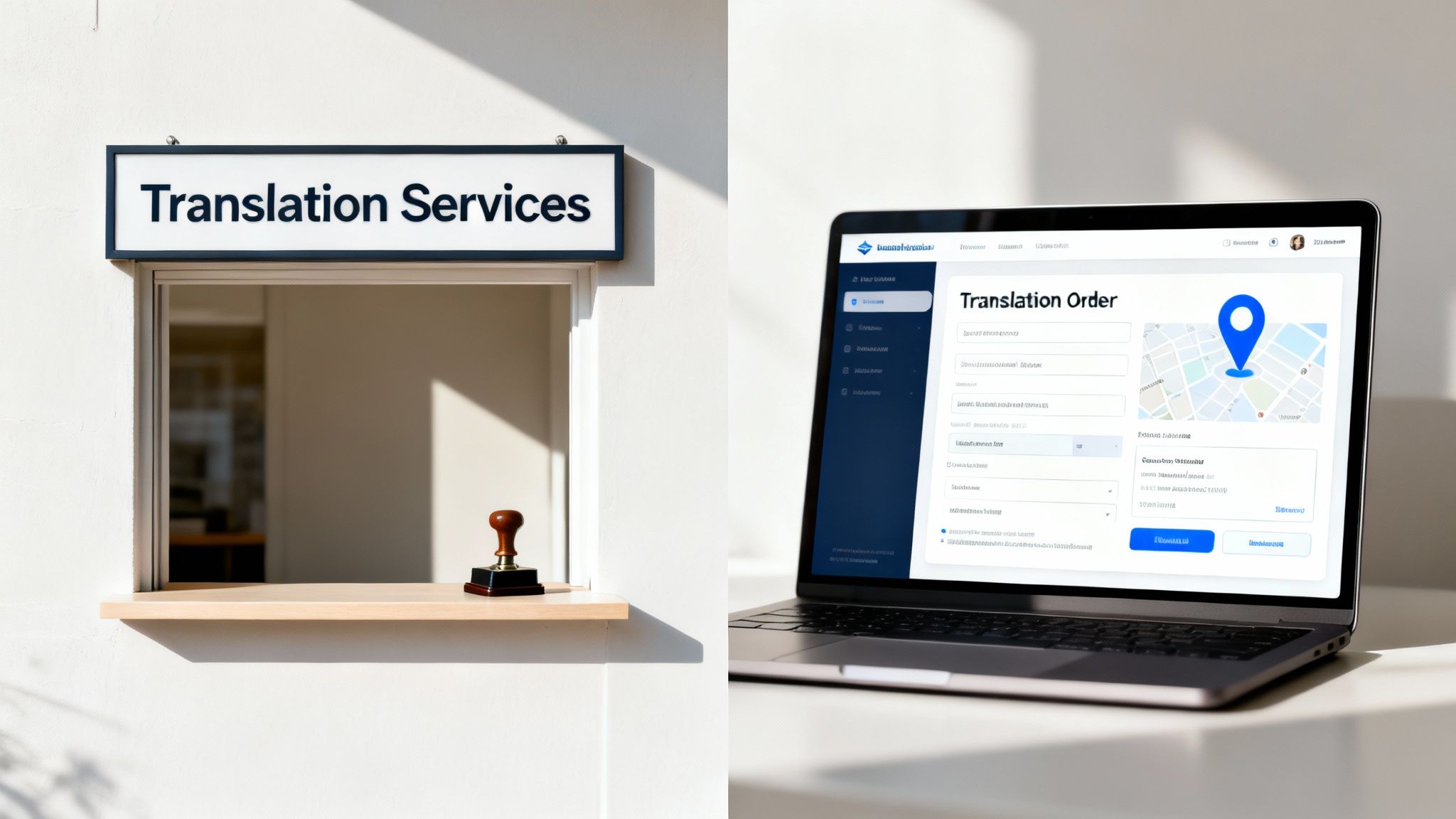 A service window with a 'Translation Services' sign and a stamp, next to a laptop showing a translation order form.