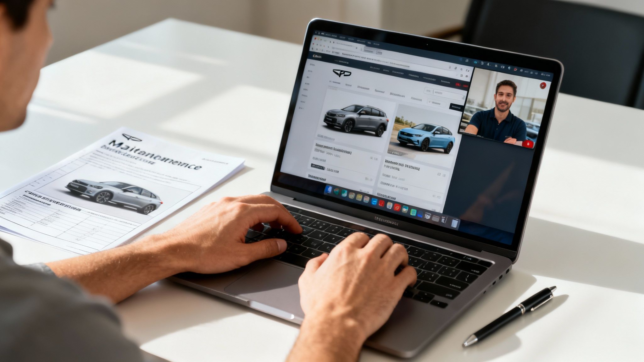 Hombre viendo coches en laptop y videollamada con un experto, revisando documento de mantenimiento para importar.
