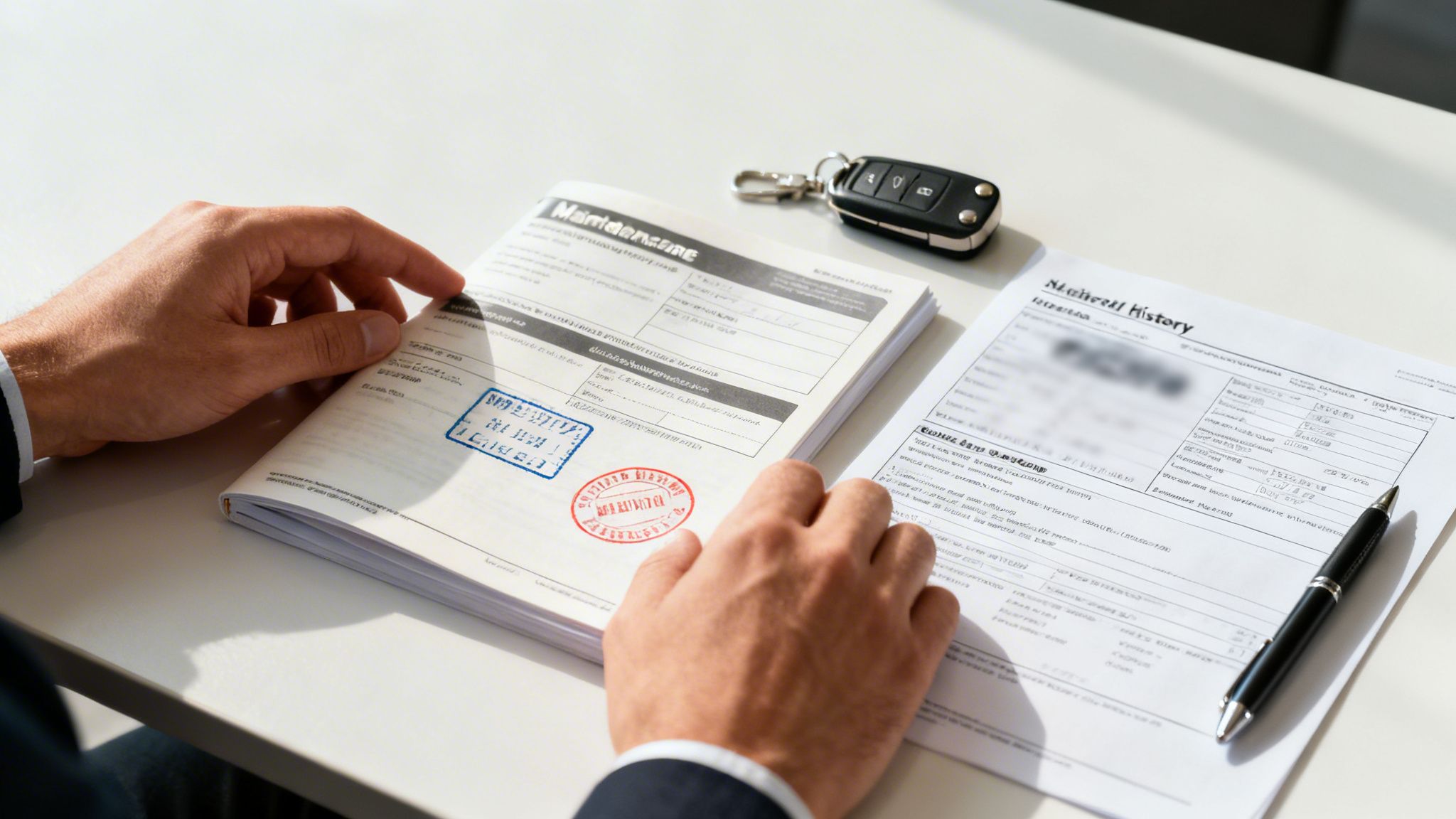 Manos revisando documentos de historial de mantenimiento de coche junto a llaves y un bolígrafo en una mesa.