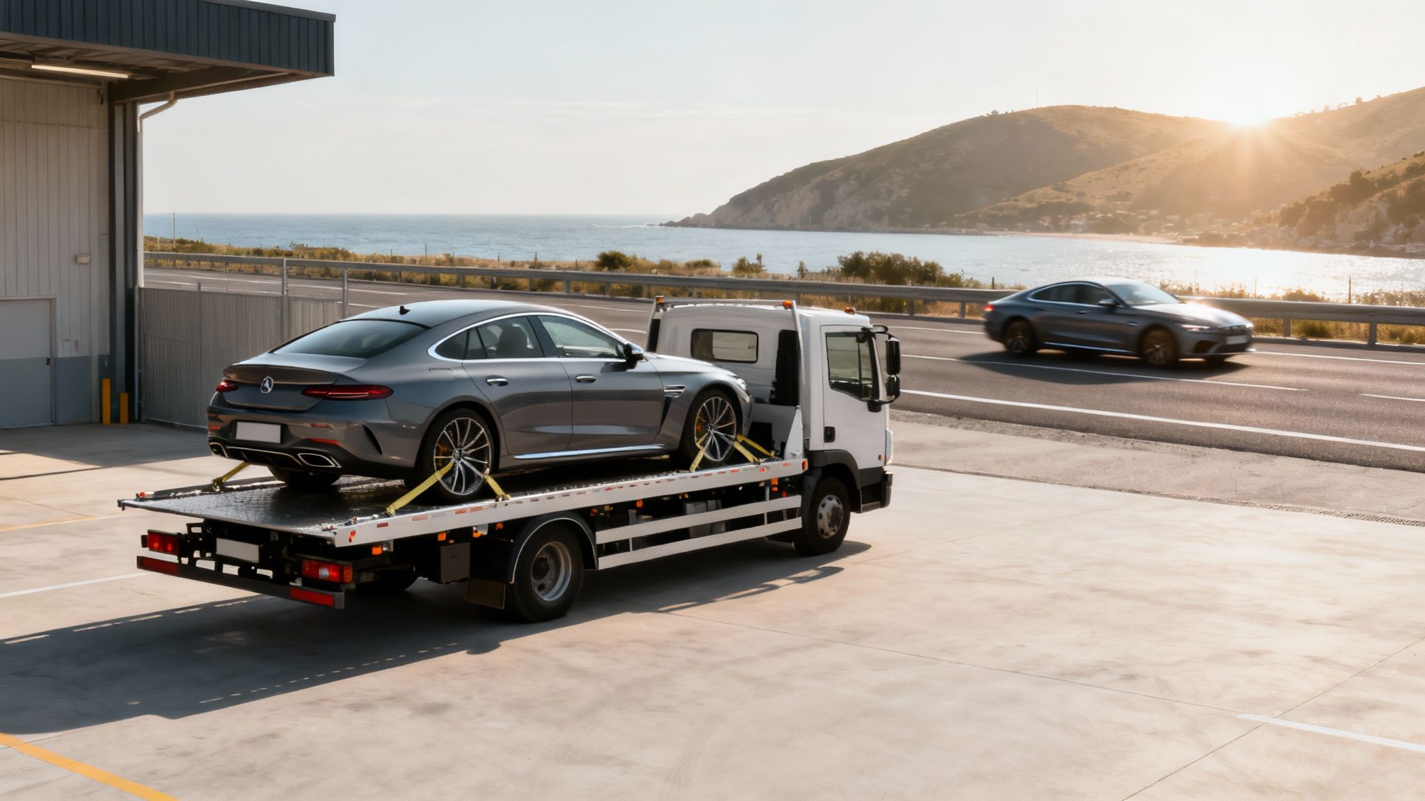 Un coche de lujo gris en una grúa, junto a una carretera costera al atardecer.
