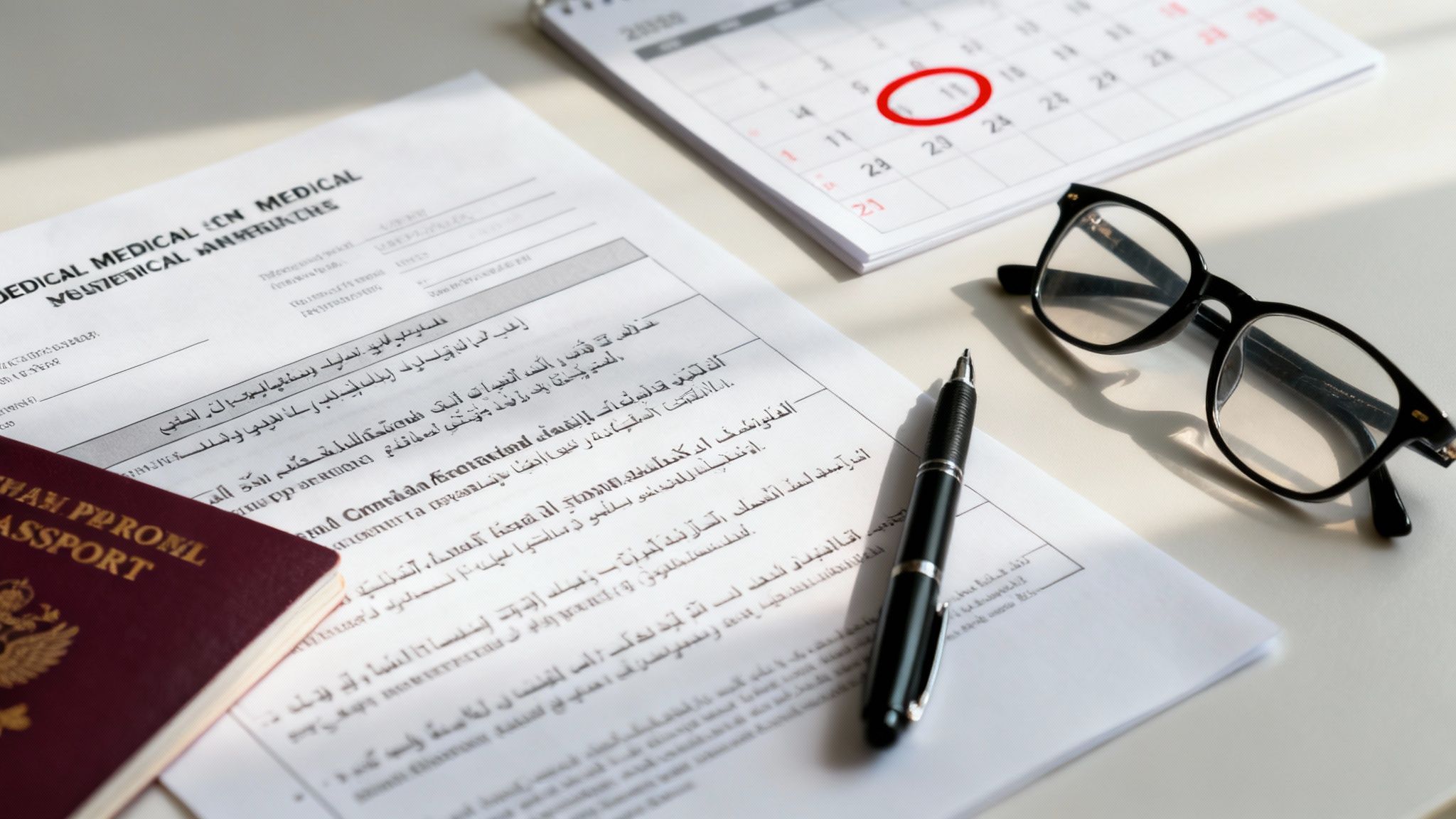 Medical documents, a passport, a calendar with a circled date, a pen, and eyeglasses on a desk.