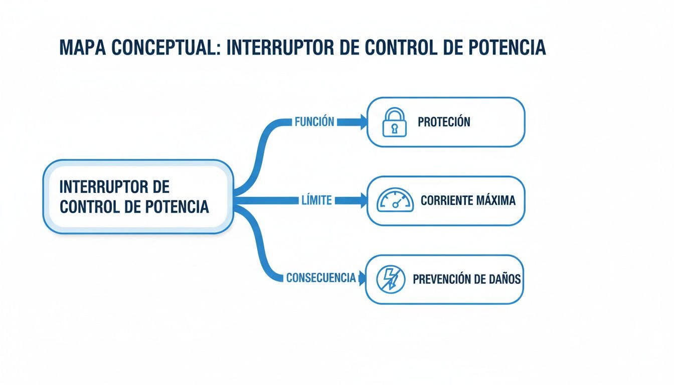 Mapa conceptual sobre interruptor de control de potencia, mostrando su función de protección, límite de corriente y prevención de daños.