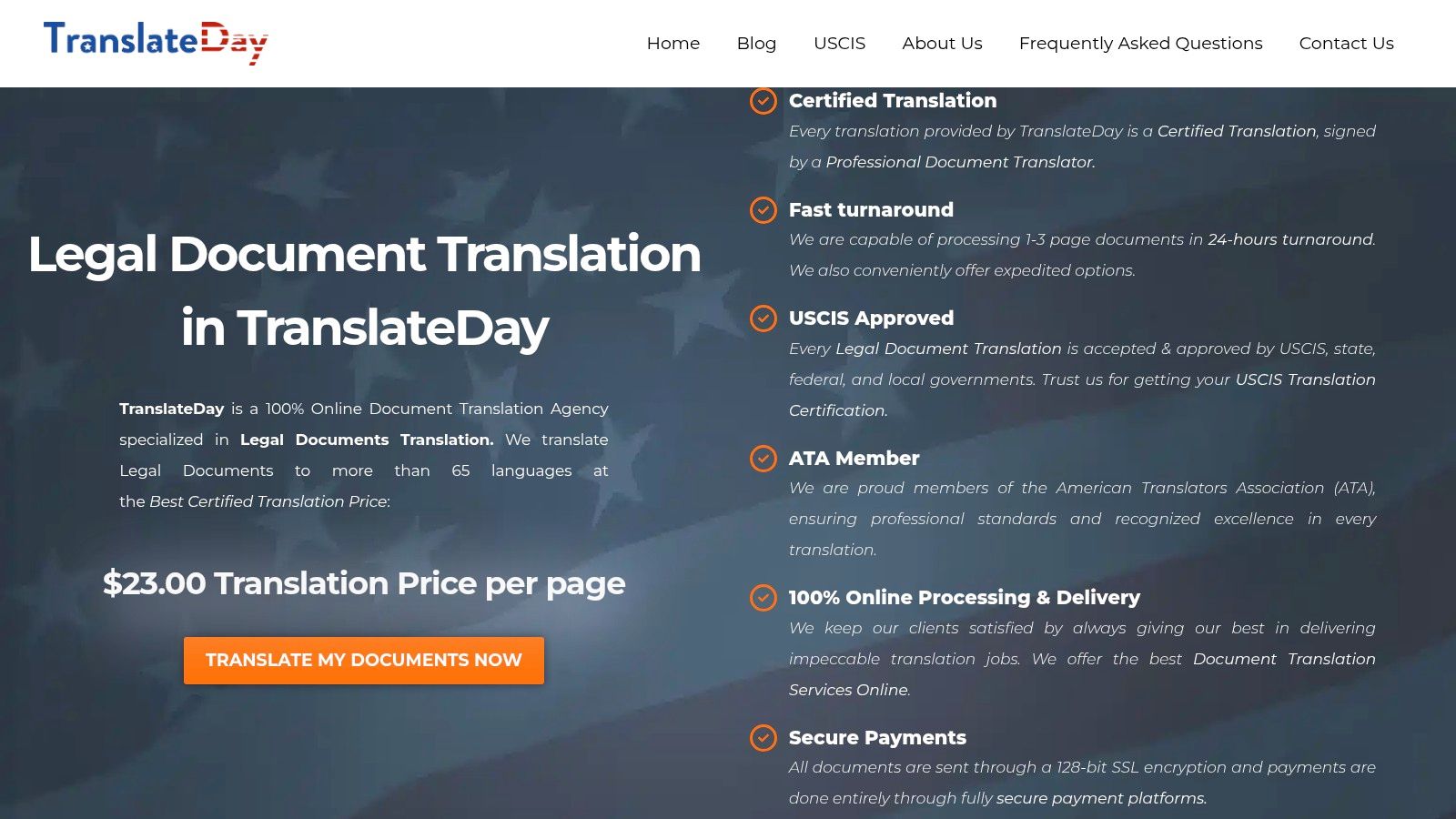 A collage showing the TranslateDay website on a laptop, a smartphone displaying a translated document, and a hand holding a certified translation with a seal.
