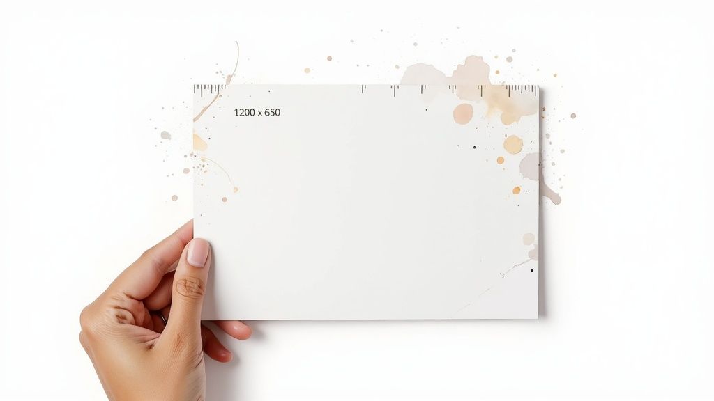 A graphic showing the recommended Open Graph image size of 1200x630 pixels with a brand logo and title inside.