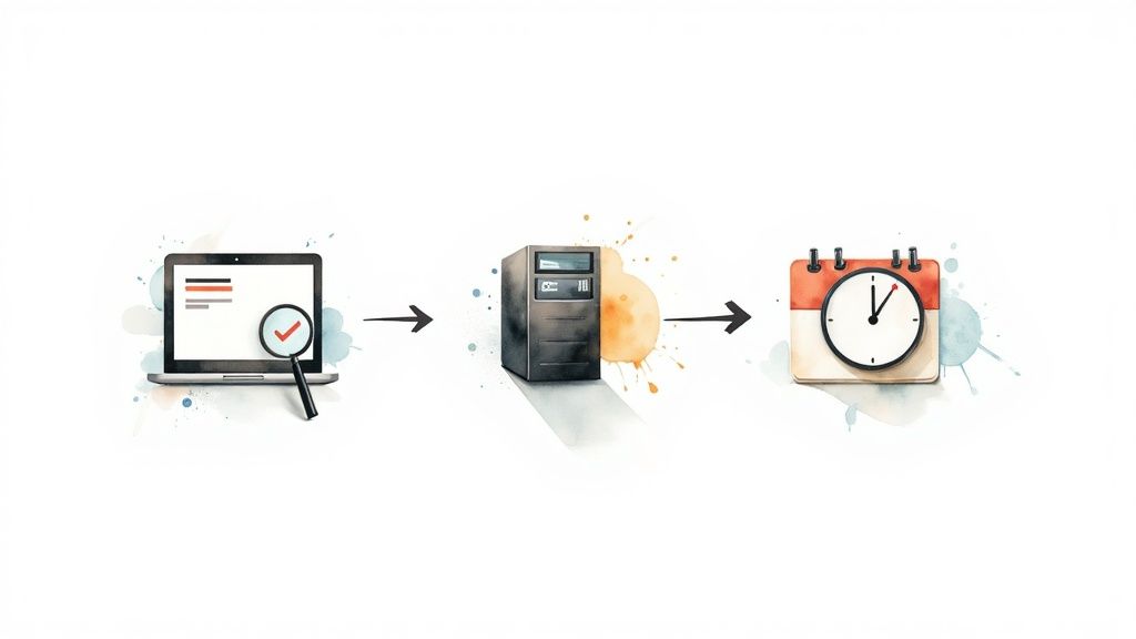 A flowchart showing an automated workflow with icons for API, screenshots, social media, and testing.
