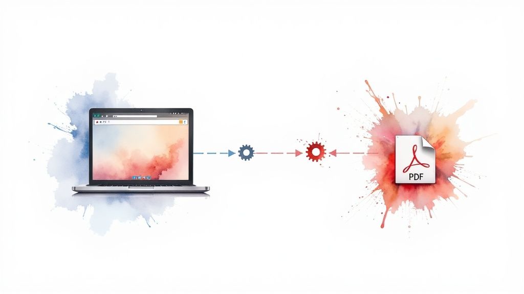 A conceptual image showing a robotic arm interacting with a web browser, converting the content into a series of organised PDF documents.