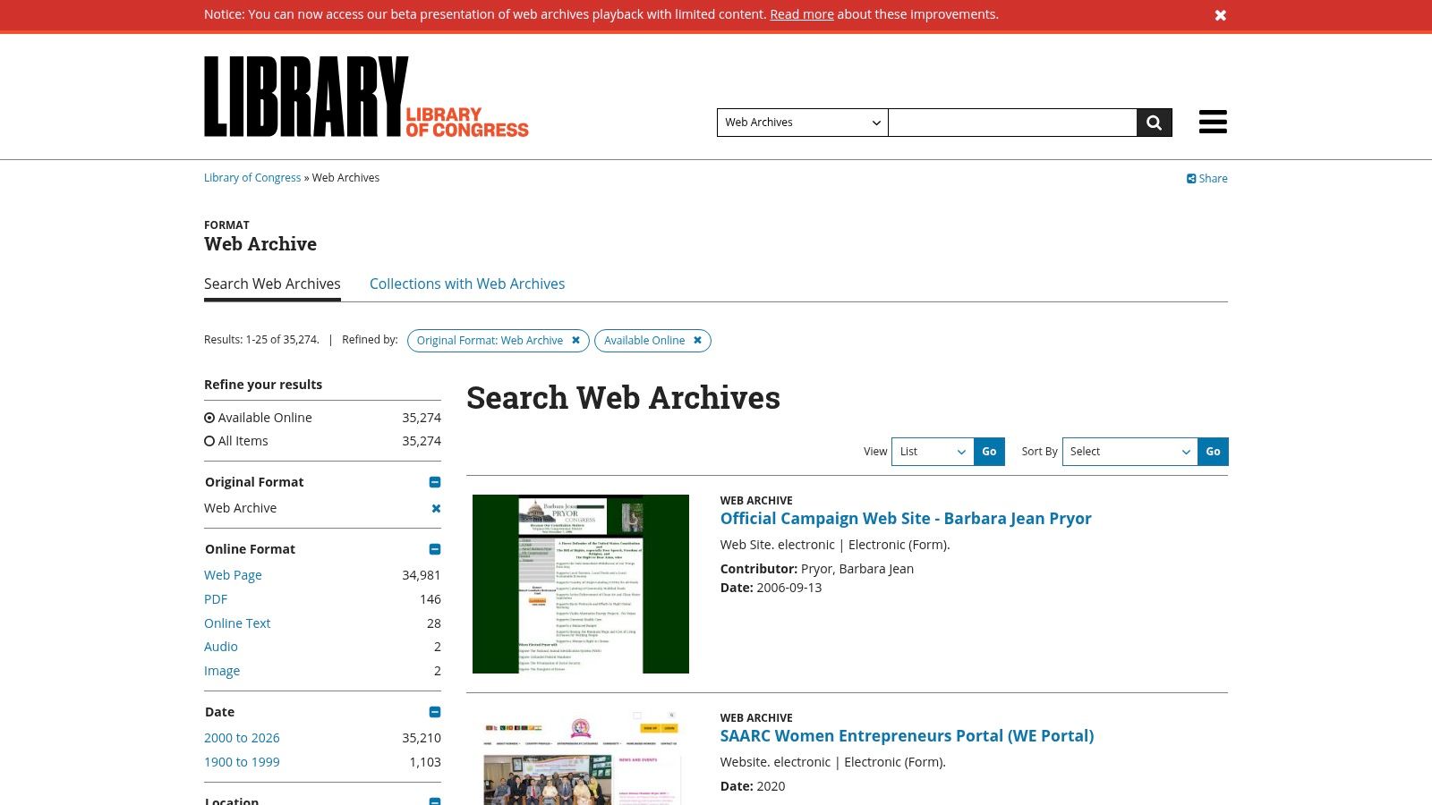 Library of Congress Web Archives