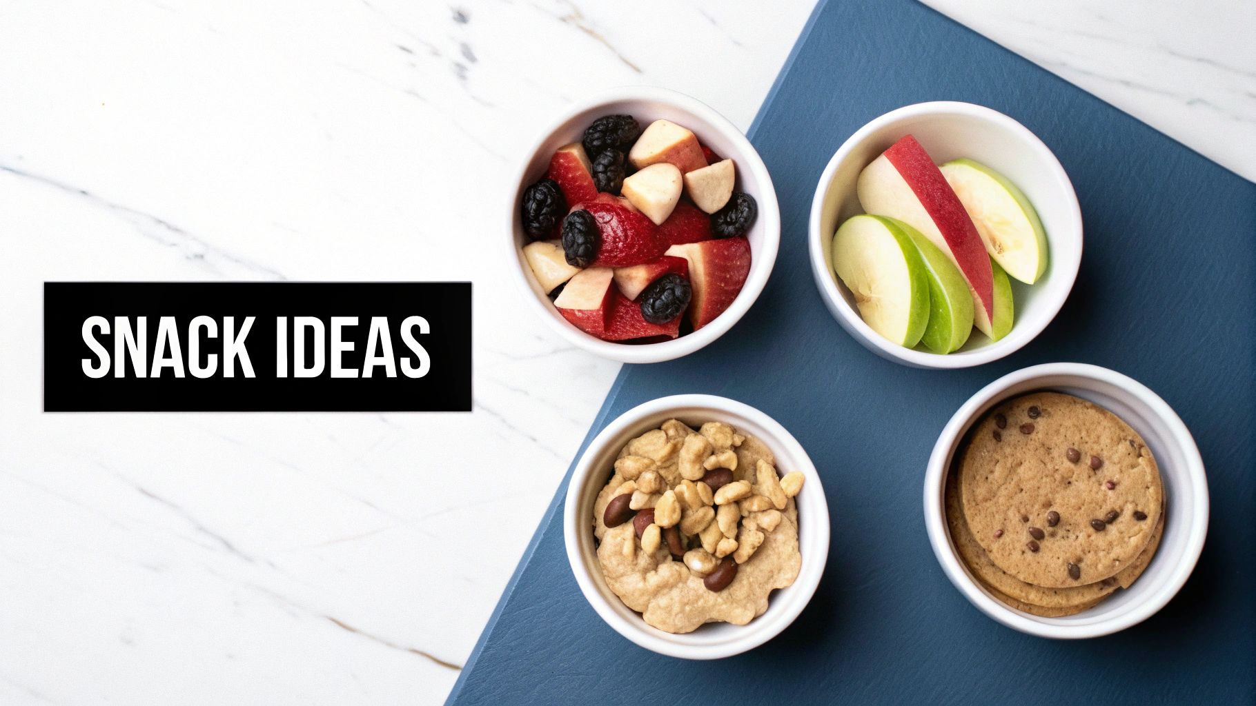 Four bowls of healthy snack ideas: fruit salad, apple slices, dip with nuts, and chocolate chip cookies.