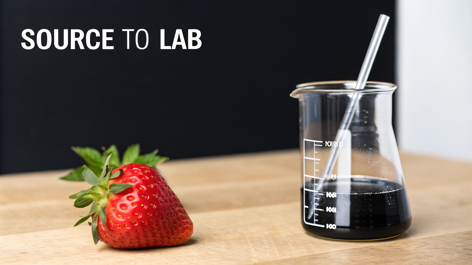 A fresh strawberry next to a lab beaker with dark liquid and a straw, illustrating 'Source to Lab'.