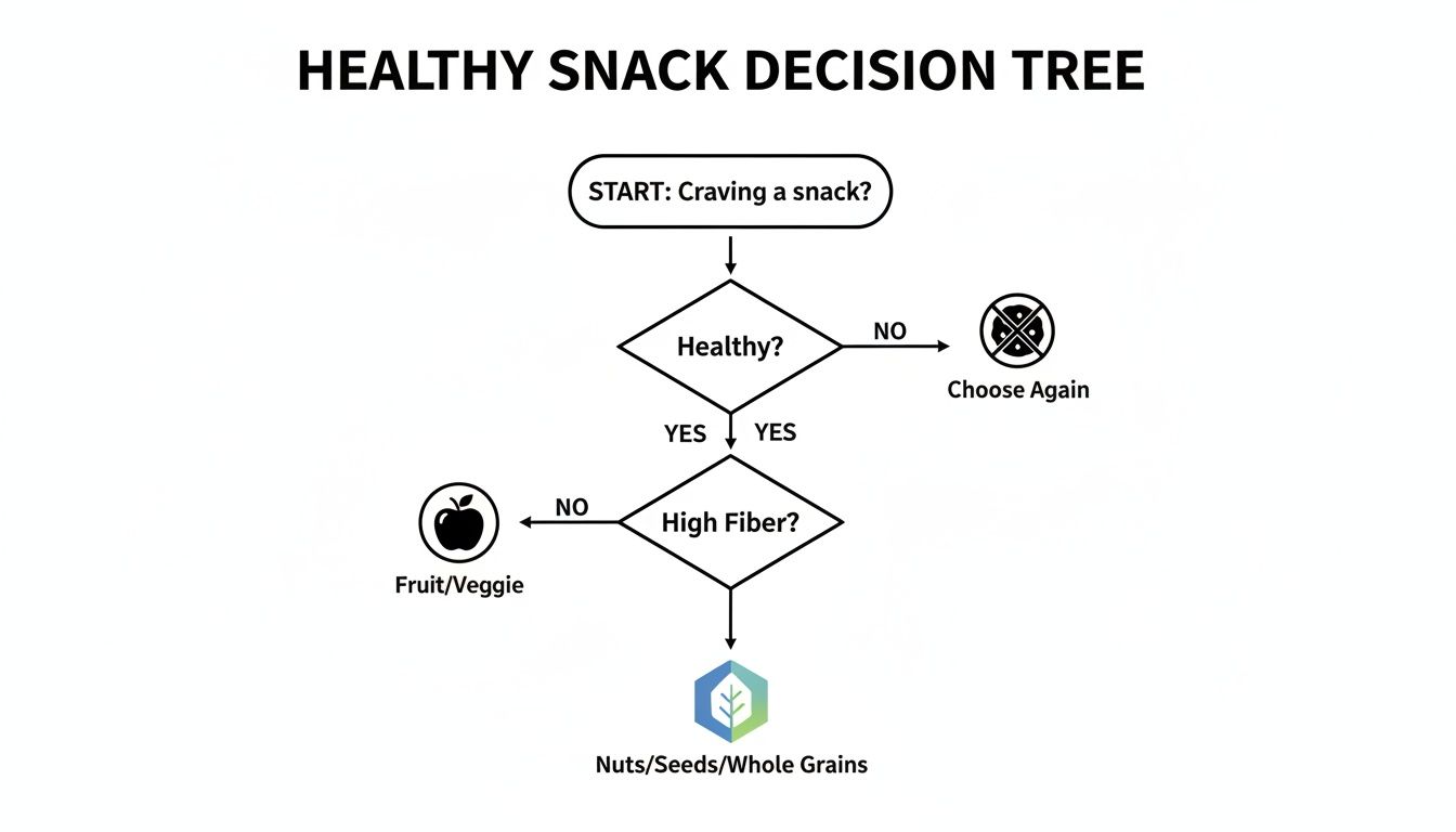 A healthy snack decision tree flowchart guiding users to choose healthy, high-fiber options.