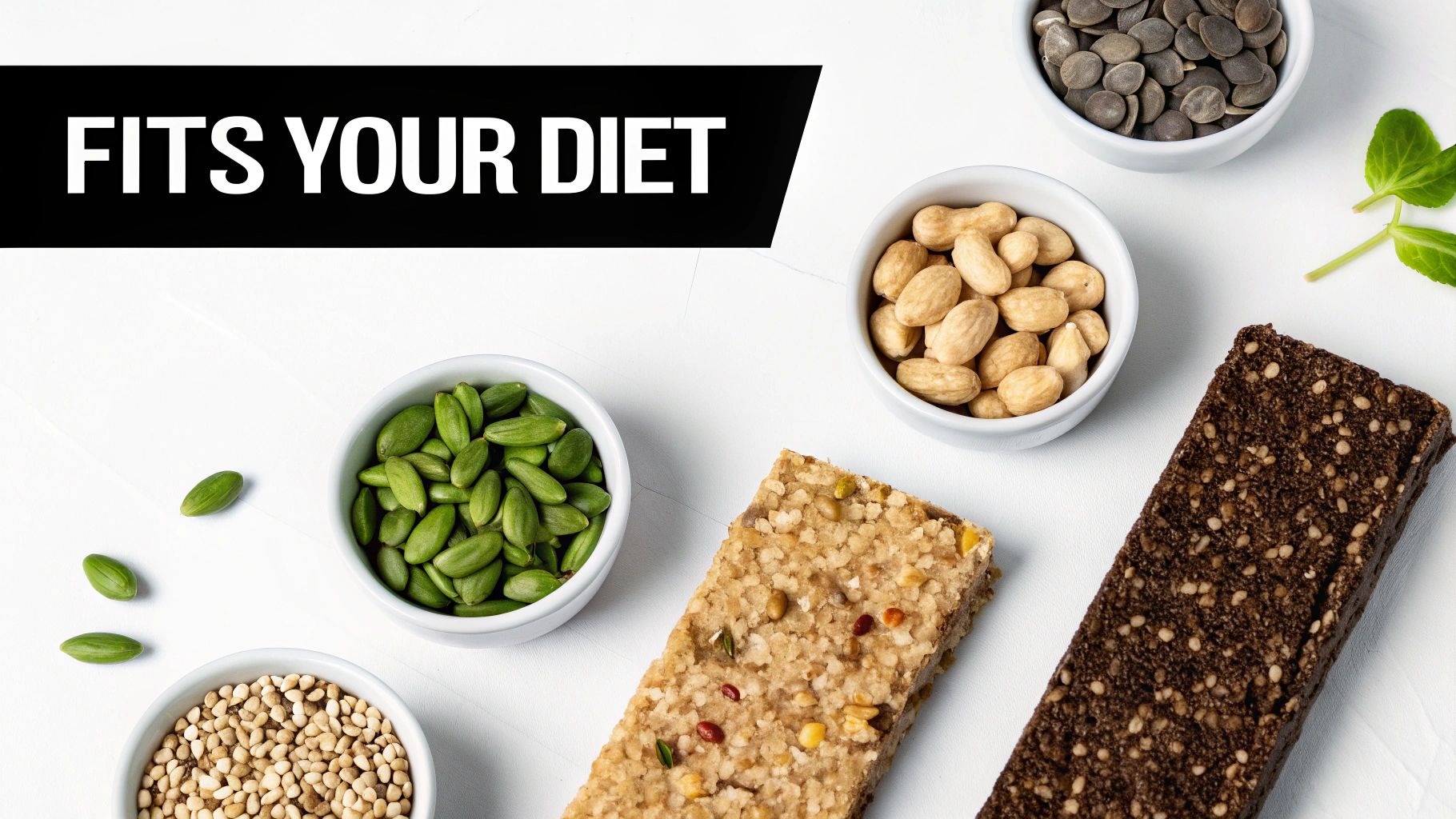Assortment of healthy snack bars, nuts, and seeds in bowls, with the text 'FITS YOUR DIET' on a white background.
