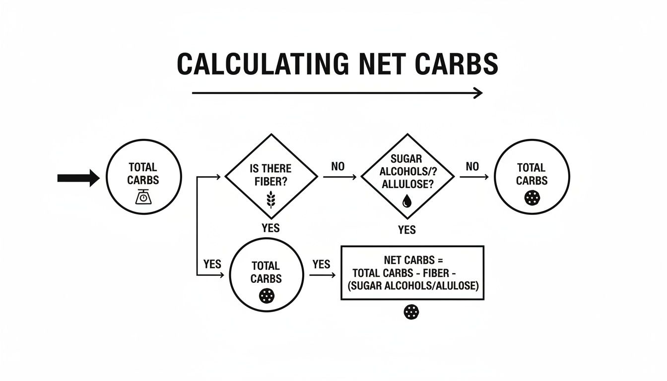 Flowchart illustrating the calculation of net carbs by subtracting fiber and sugar alcohols/allulose.