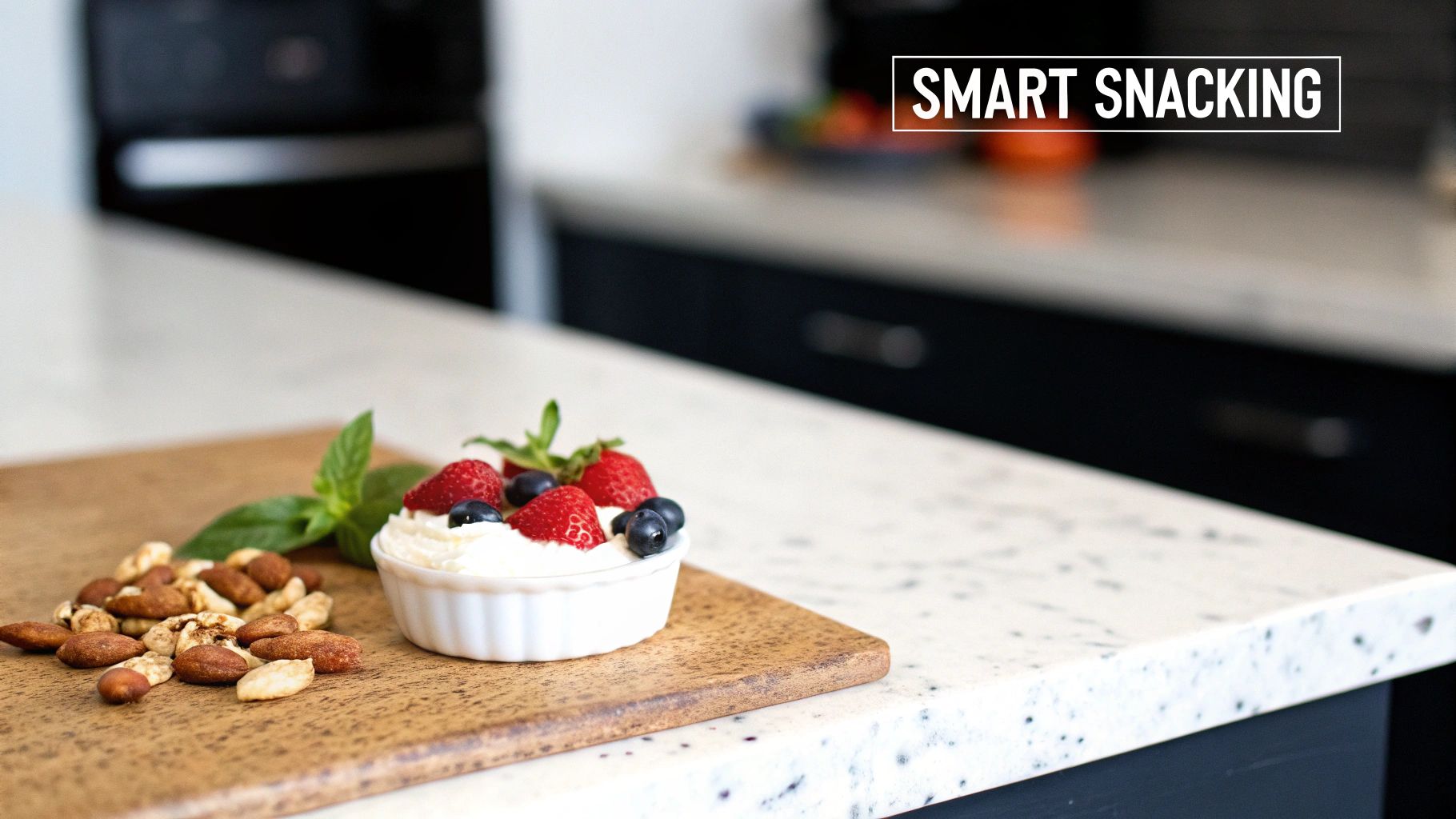 A healthy snack with berries, yogurt, nuts, and mint on a kitchen counter.