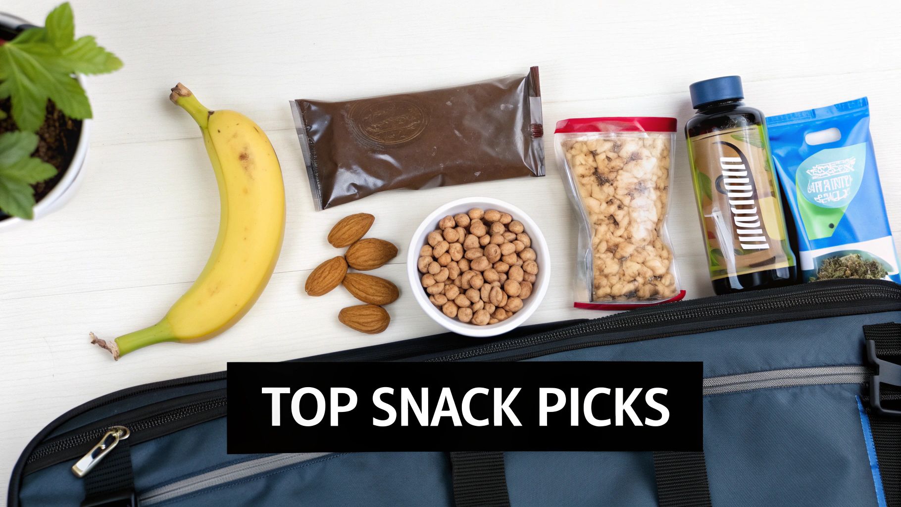 A top-down view of various healthy snack options like a banana, nuts, dried fruit, and a protein bar, suitable for travel.