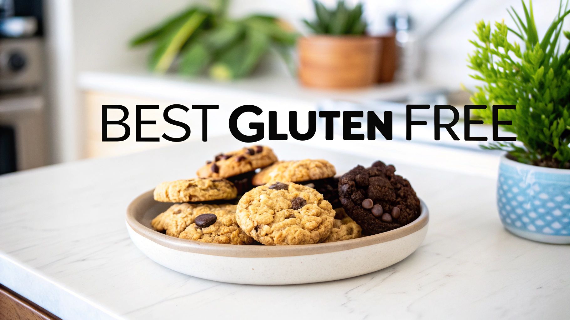 A plate of delicious best gluten-free chocolate chip and double chocolate cookies on a white countertop.