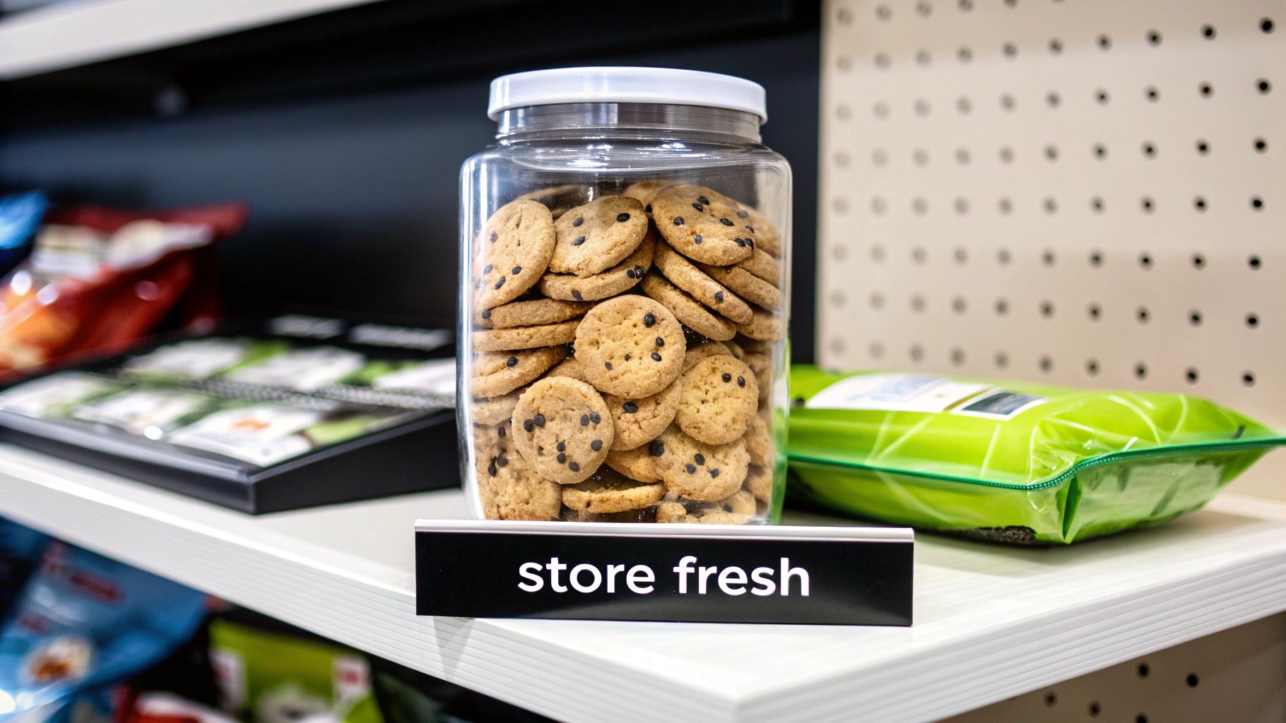A clear jar filled with small, fresh chocolate chip cookies on a white store shelf.