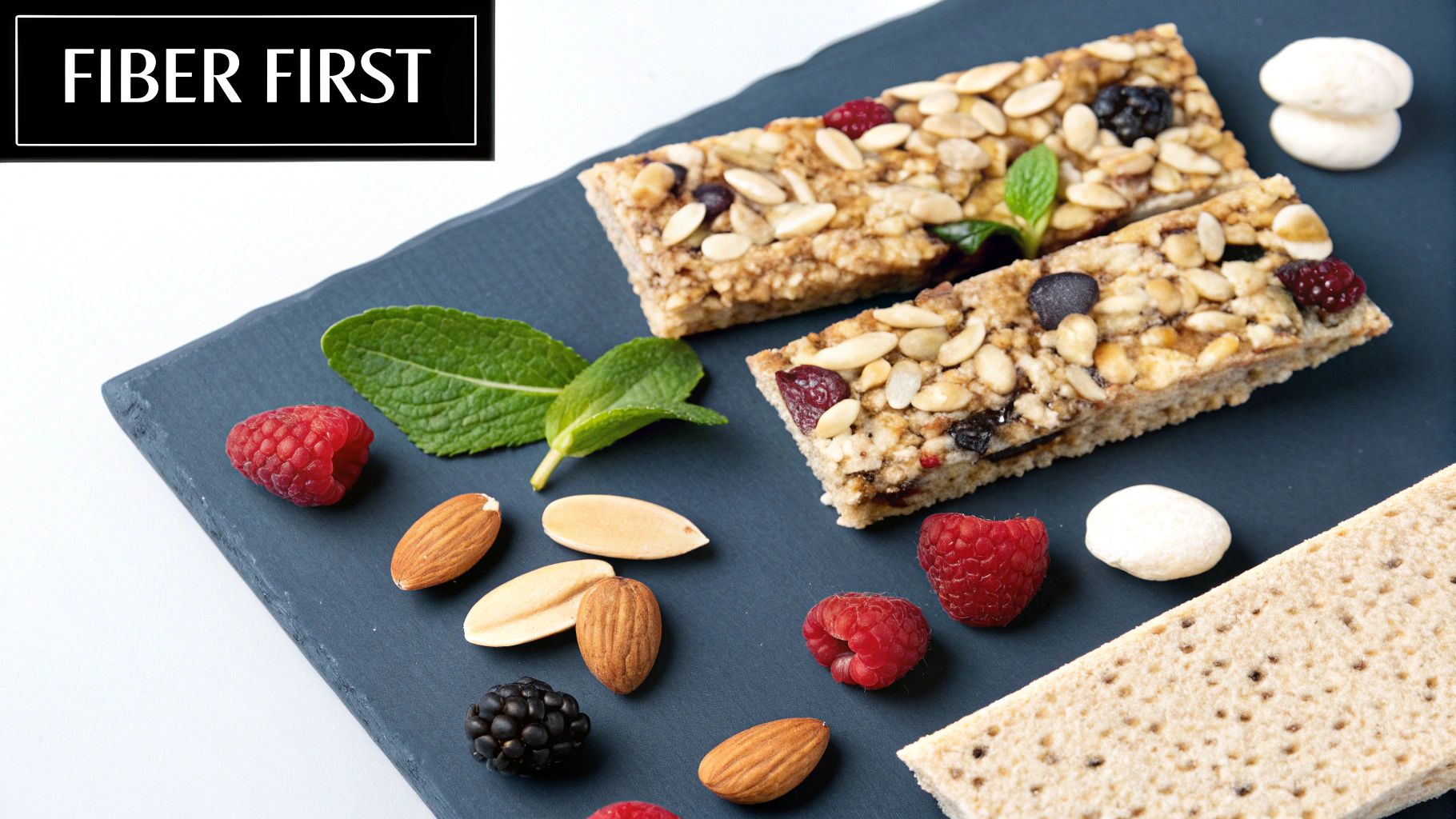 Close-up of low sugar snack bars, raspberries, almonds, and crackers, emphasizing 'Fiber First'.
