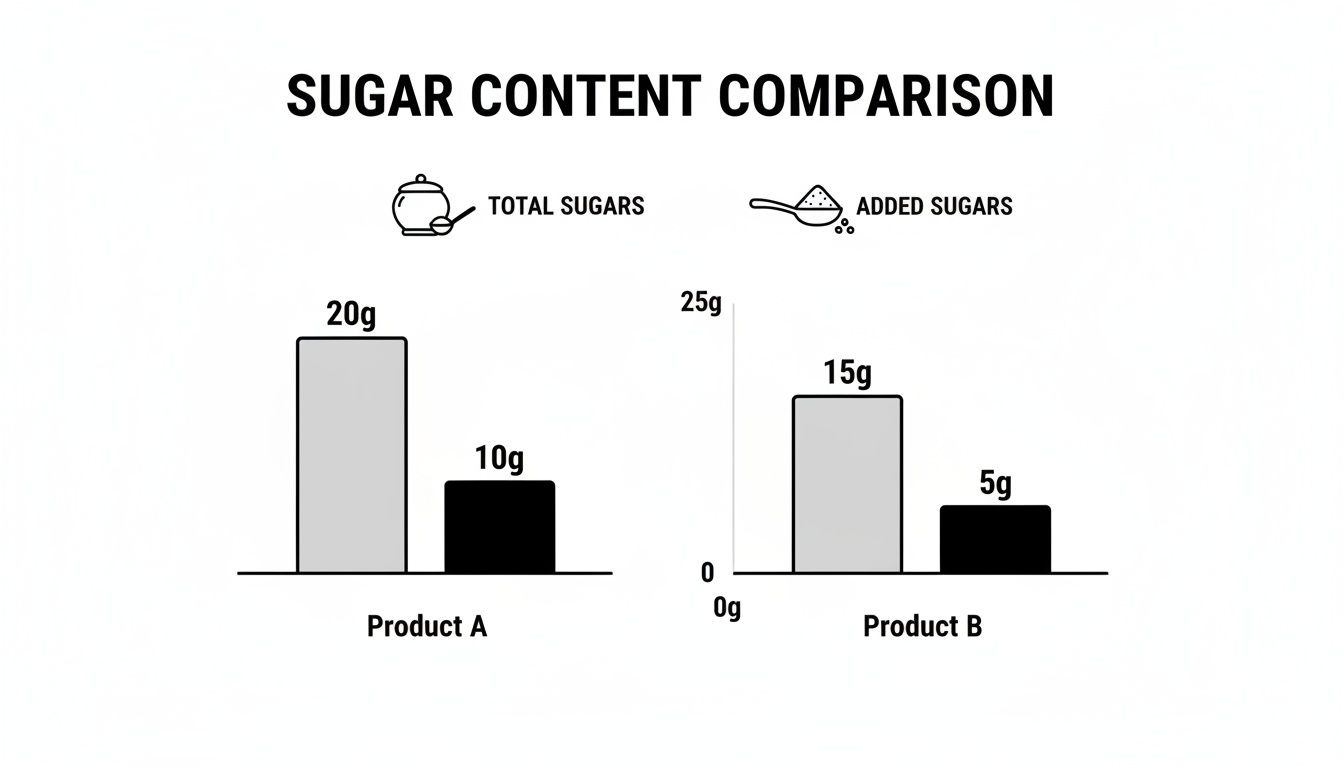 Bar chart comparing total and added sugar content for Product A and Product B.
