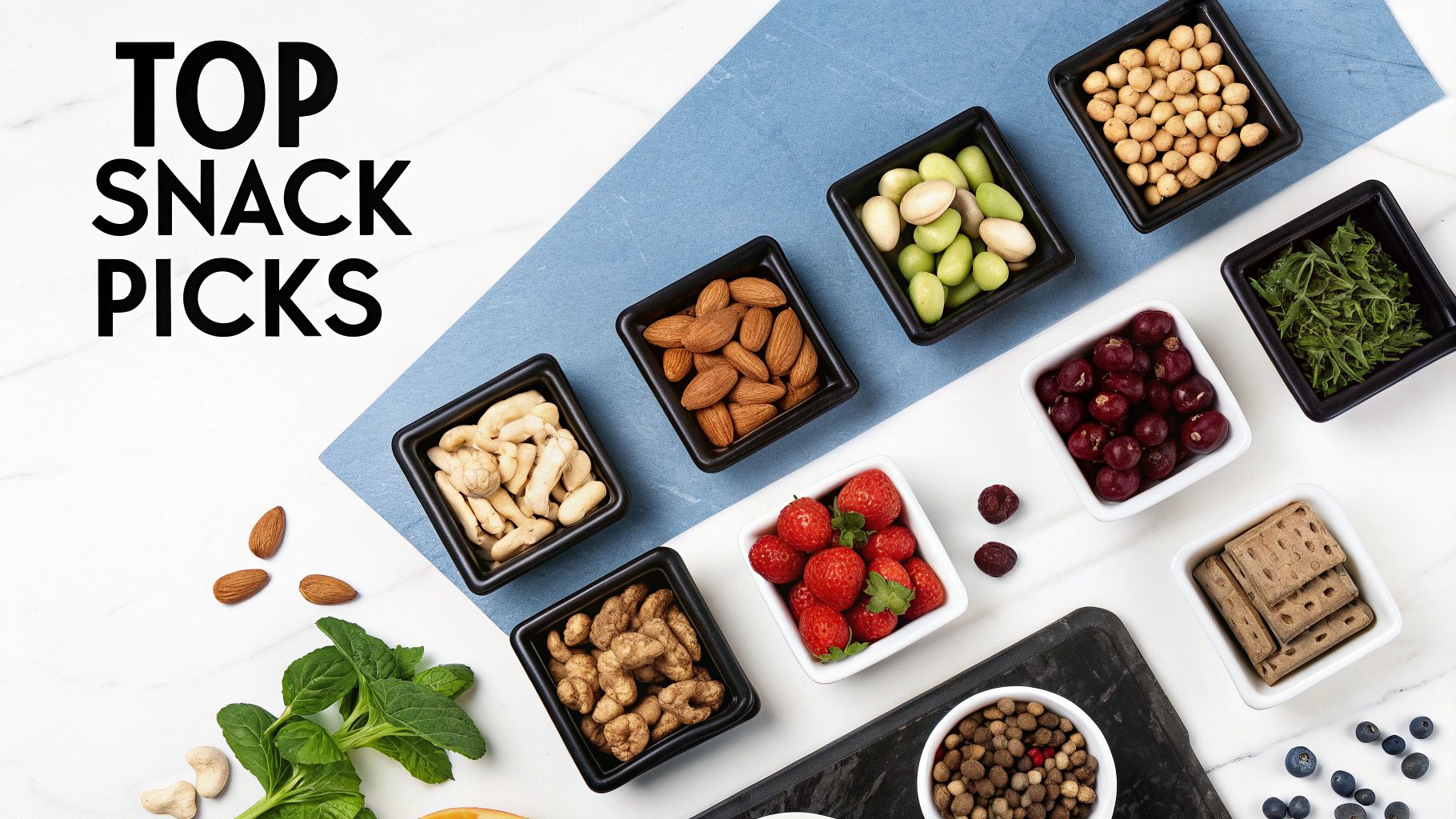 Top down view of an assortment of healthy snack options, including fruits, nuts, and crackers.