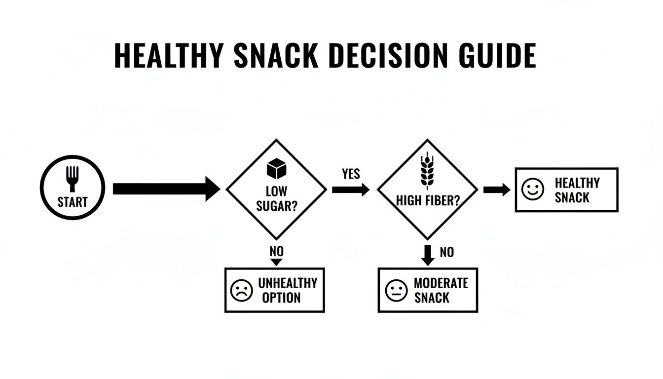 Flowchart for healthy snack decision guide, evaluating low sugar and high fiber content.