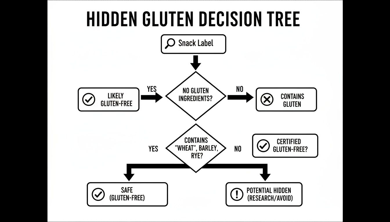 Flowchart outlining steps to identify hidden gluten in snacks by checking labels and ingredients.