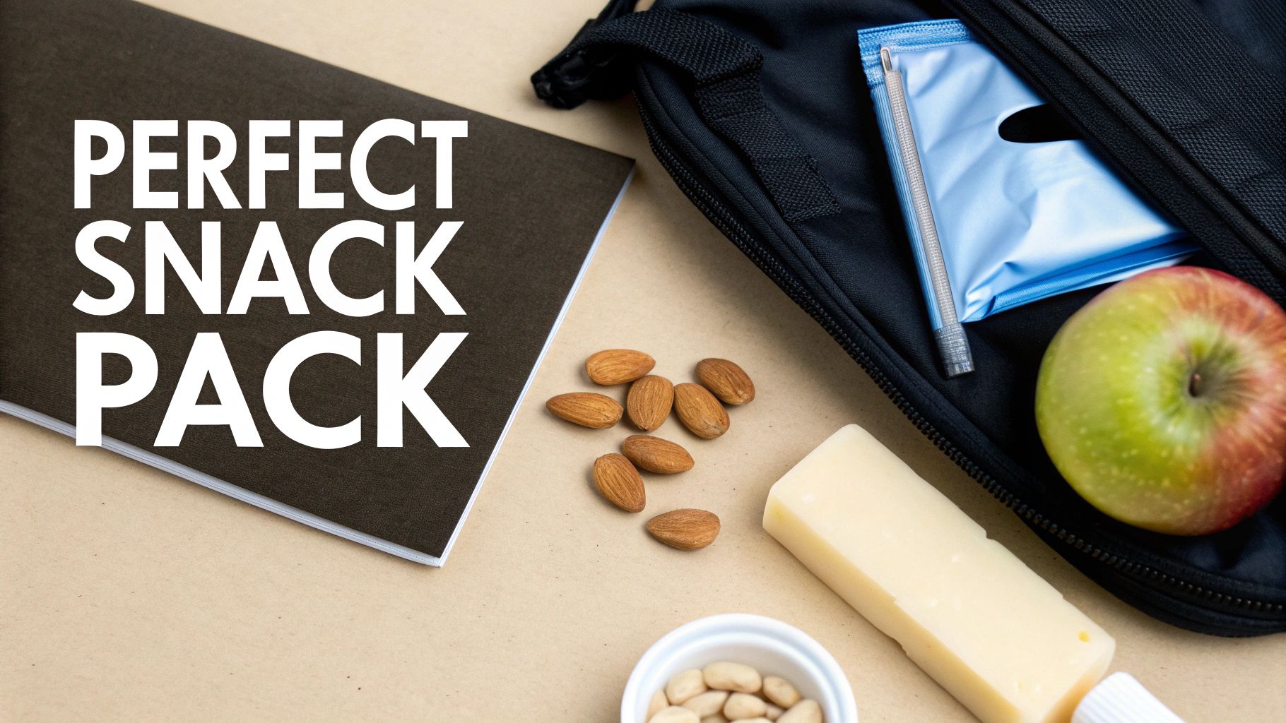 A perfect snack pack laid out with an apple, cheese, almonds, and a black bag.