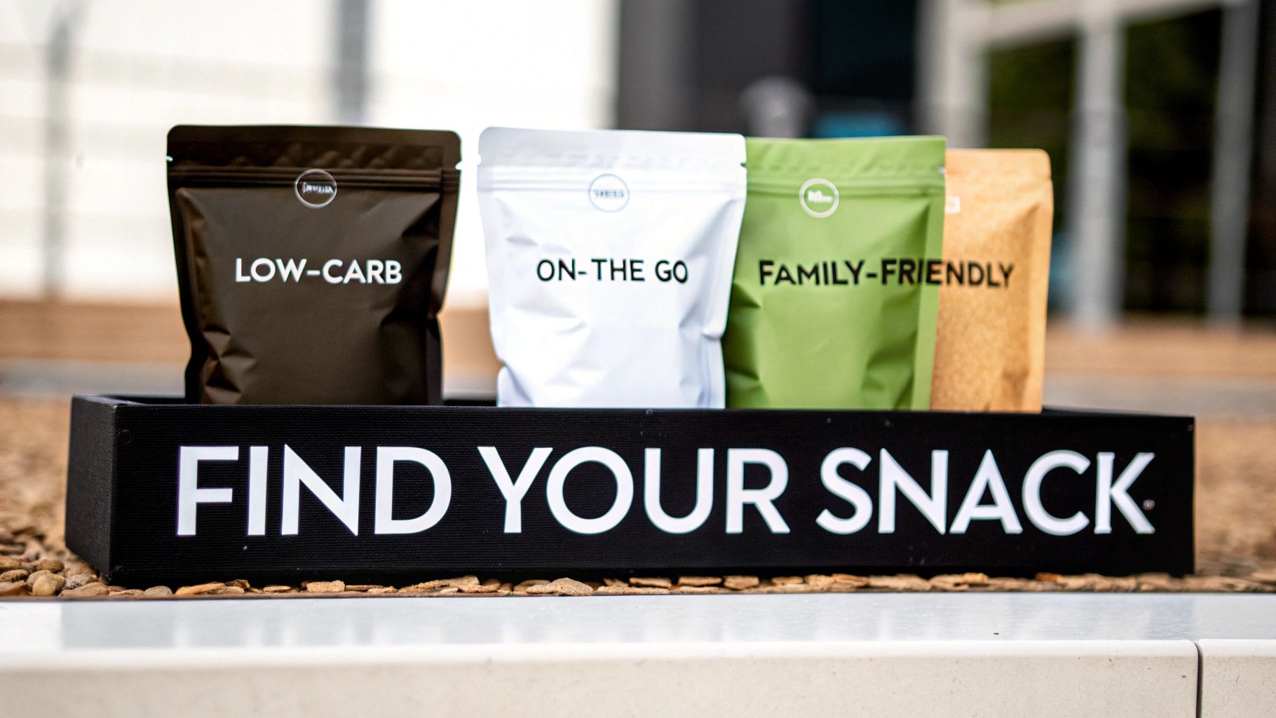 Four colorful snack bags labeled 'Low-Carb', 'On-The Go', 'Family-Friendly' in a black display tray.
