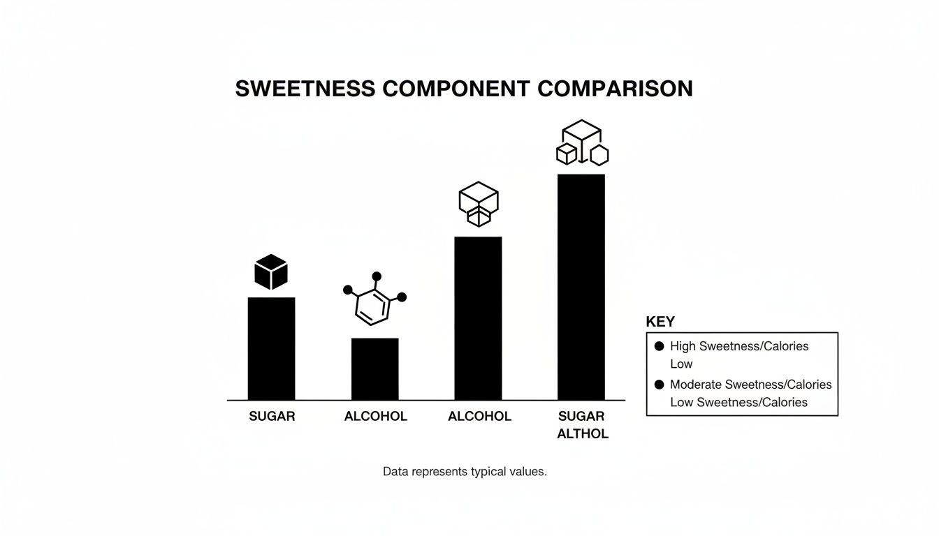 A bar chart comparing sweetness components like sugar, alcohol, and sugar alcohol, showing relative sweetness.
