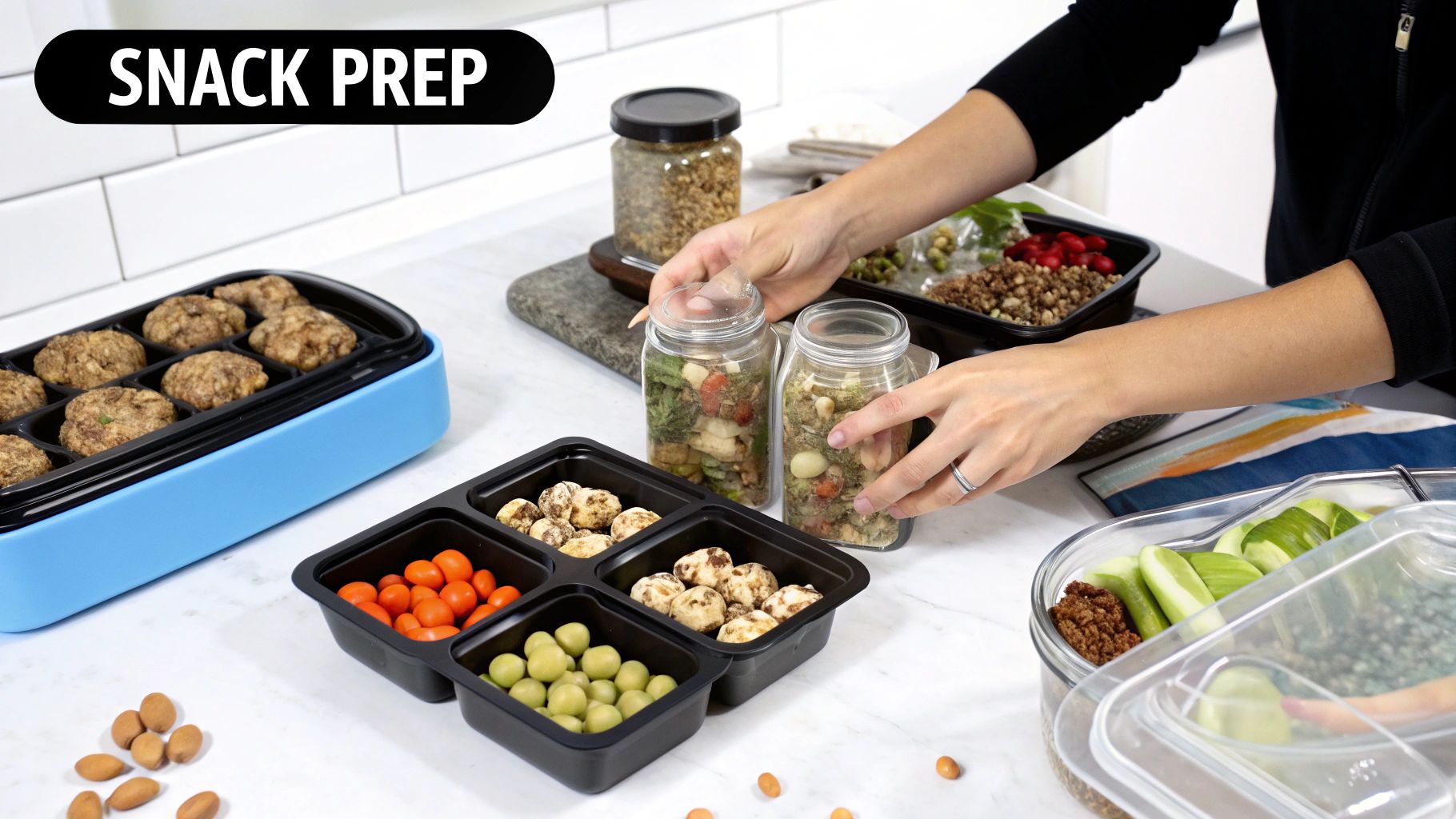 A person organizes various healthy snacks, including meatballs, fruit, and vegetables, into prep containers for work.
