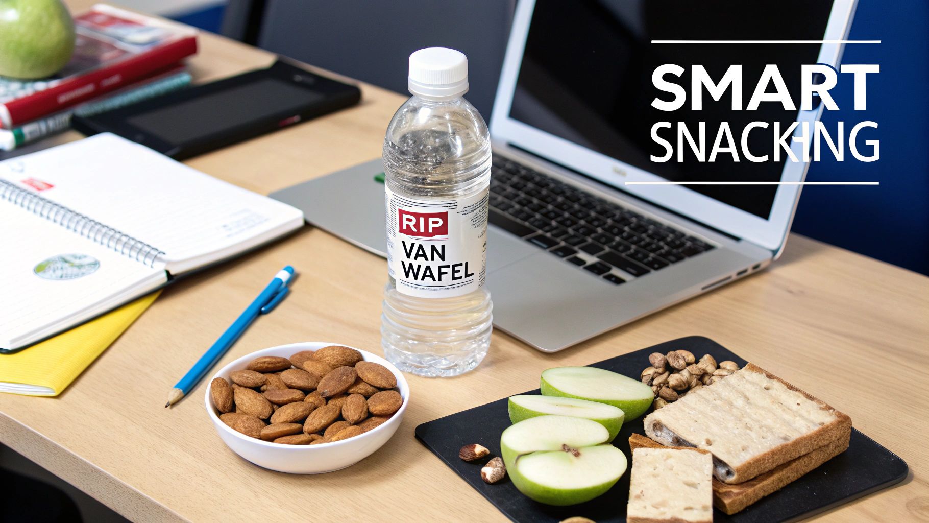 A desk setup with a laptop, water bottle, and healthy snacks like apple slices, almonds, and wafers.