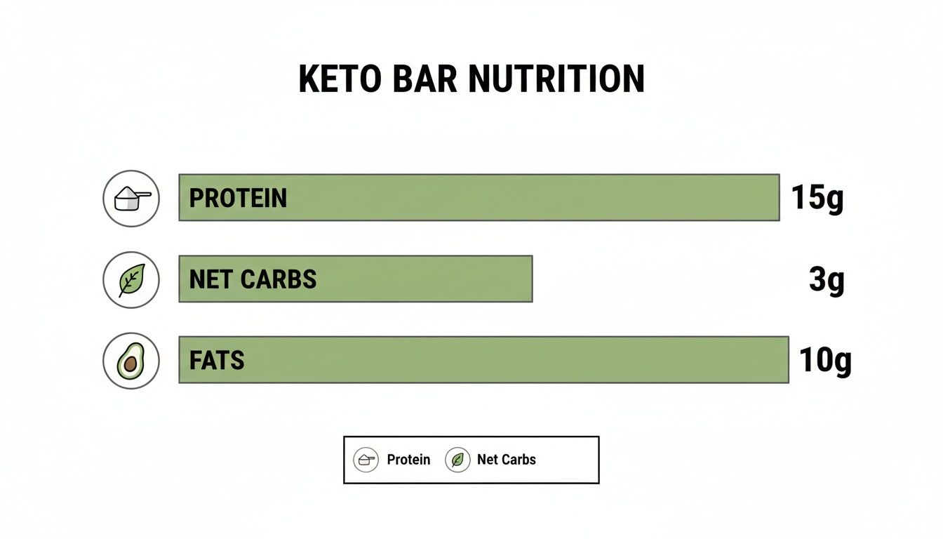 Keto bar nutrition facts displayed as a bar chart with 15g protein, 3g net carbs, and 10g fats.