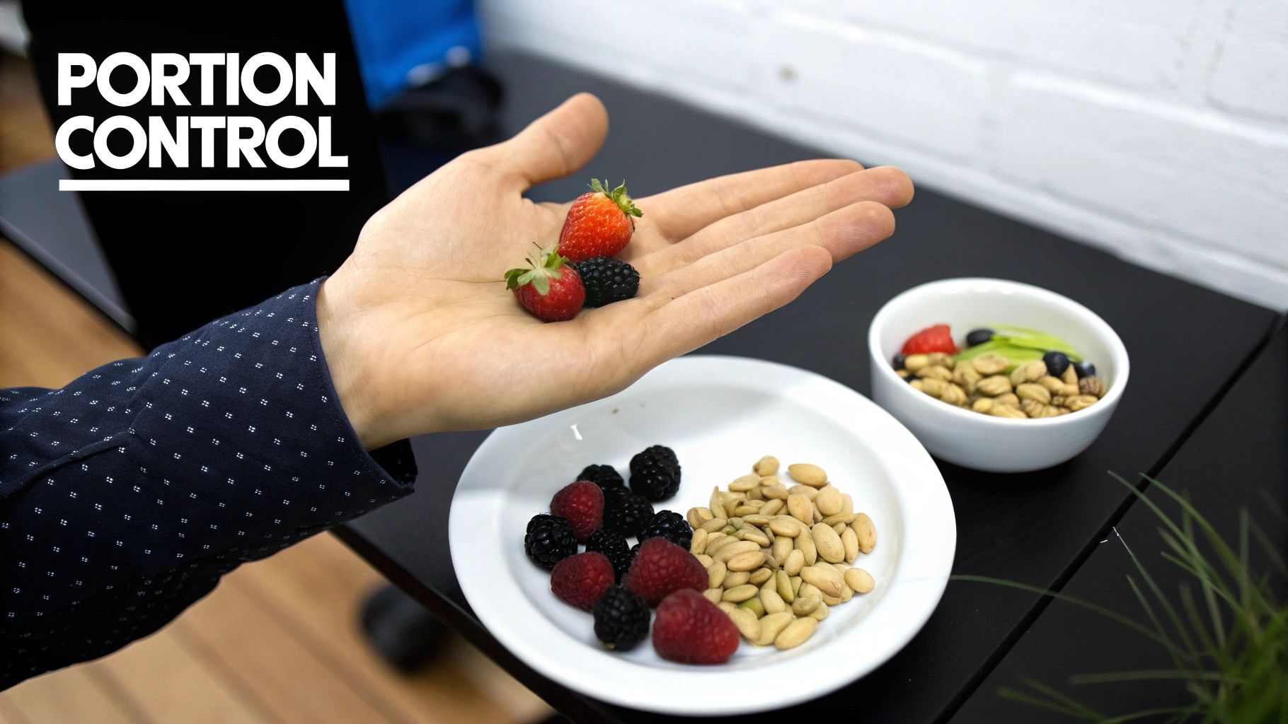 A hand holds strawberries and a blackberry above a plate with raspberries, blackberries, and seeds, illustrating portion control.