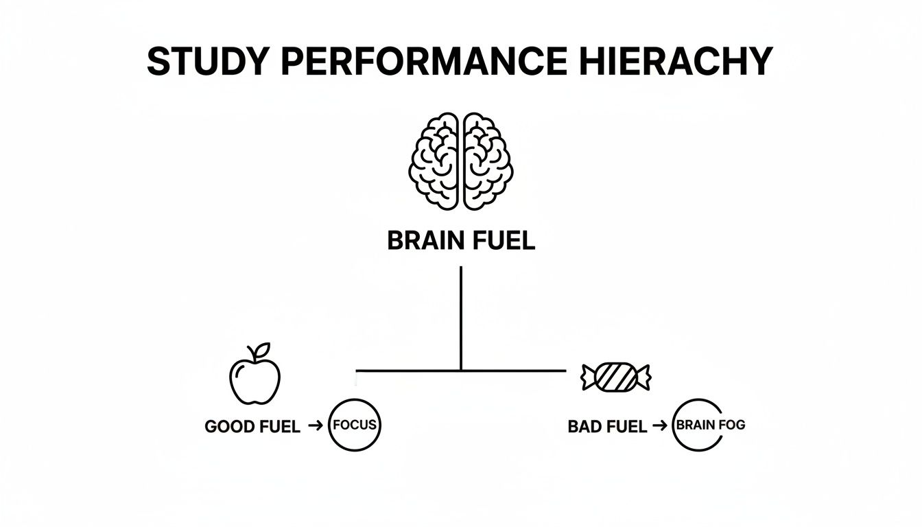 Diagram illustrating study performance hierarchy: good brain fuel (apple) leads to focus, bad fuel (candy) leads to brain fog.
