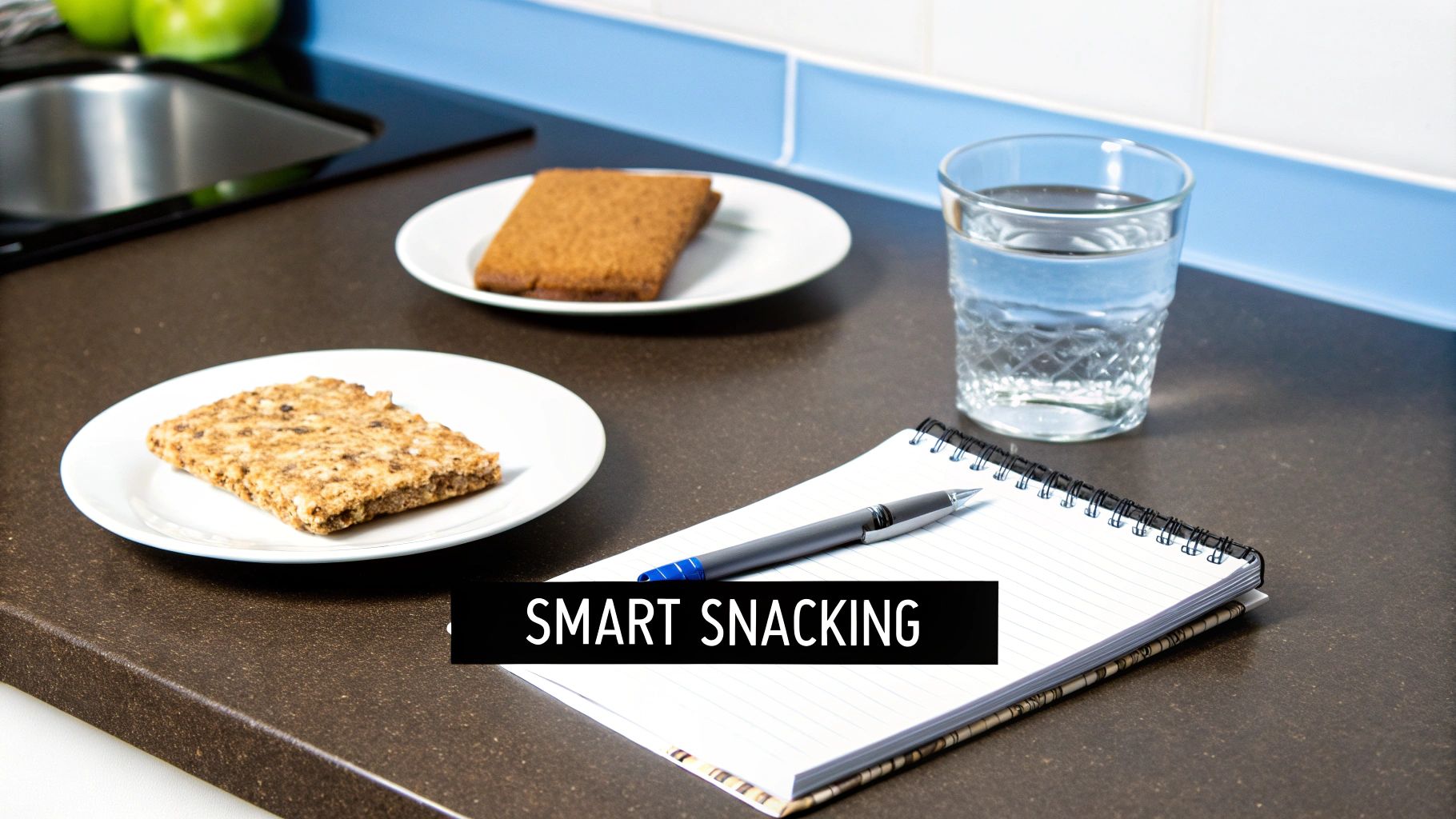 Healthy snack bars, a glass of water, and a notepad on a kitchen counter with 'SMART SNACKING' text.