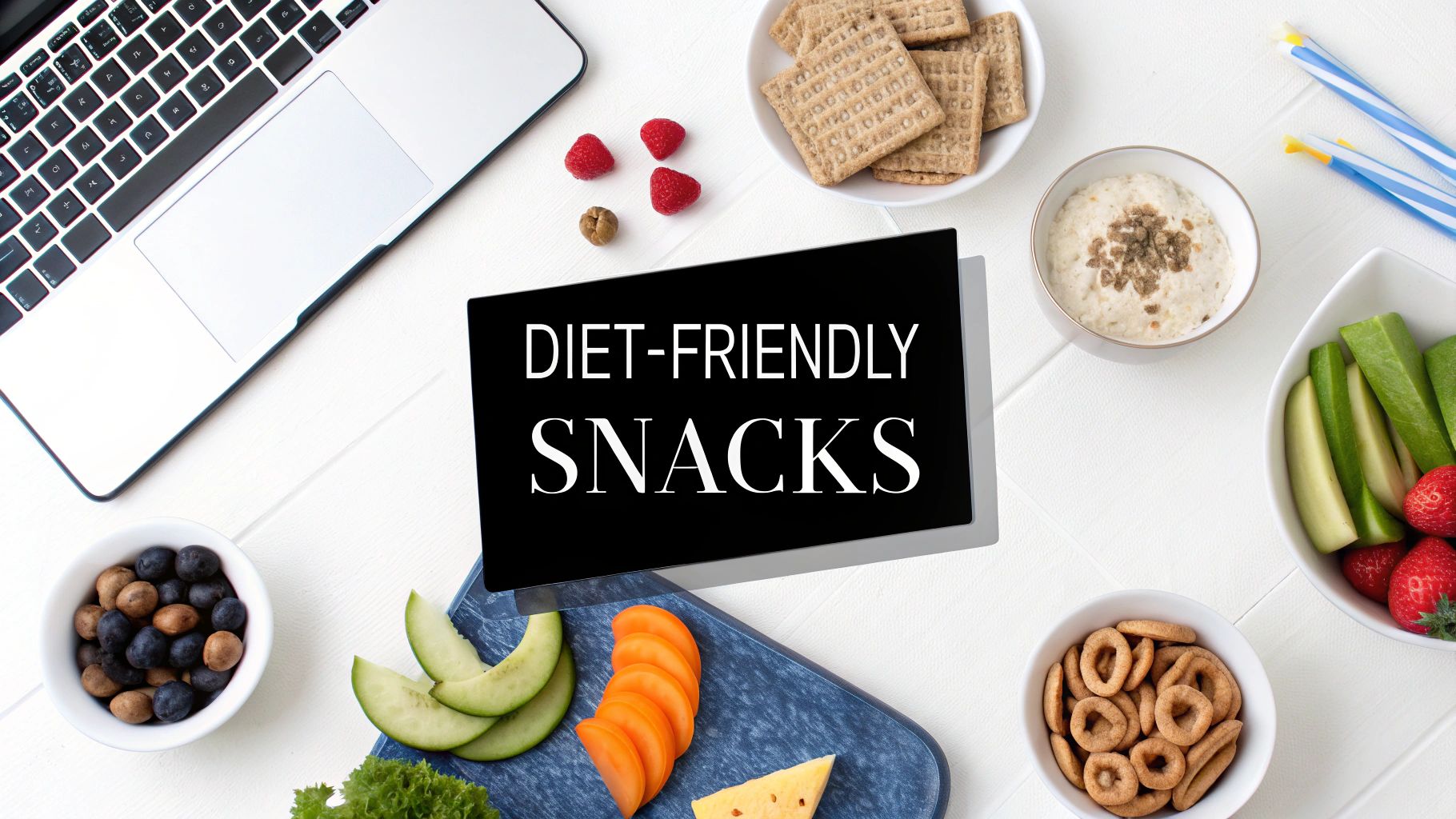 Variety of diet-friendly snacks, including fruits, vegetables, crackers, and dips, surrounding a 'DIET-FRIENDLY SNACKS' sign.