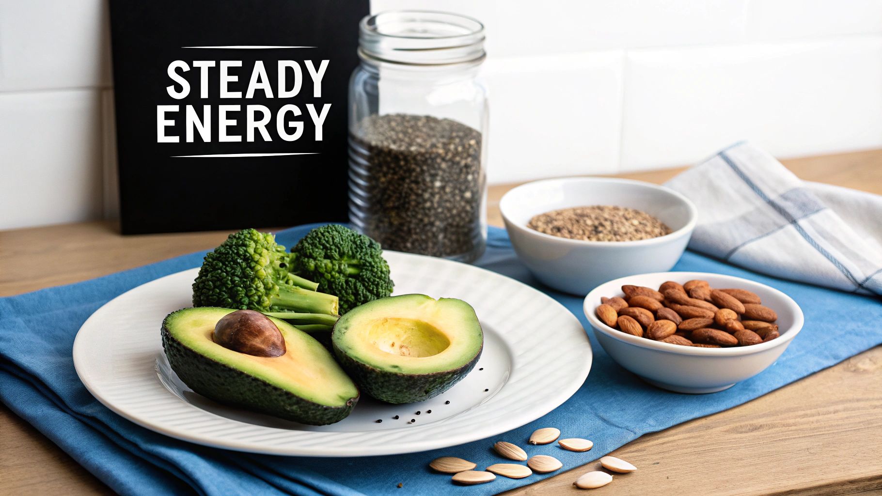Healthy steady energy foods including avocado, broccoli, almonds, and various seeds on a wooden table.