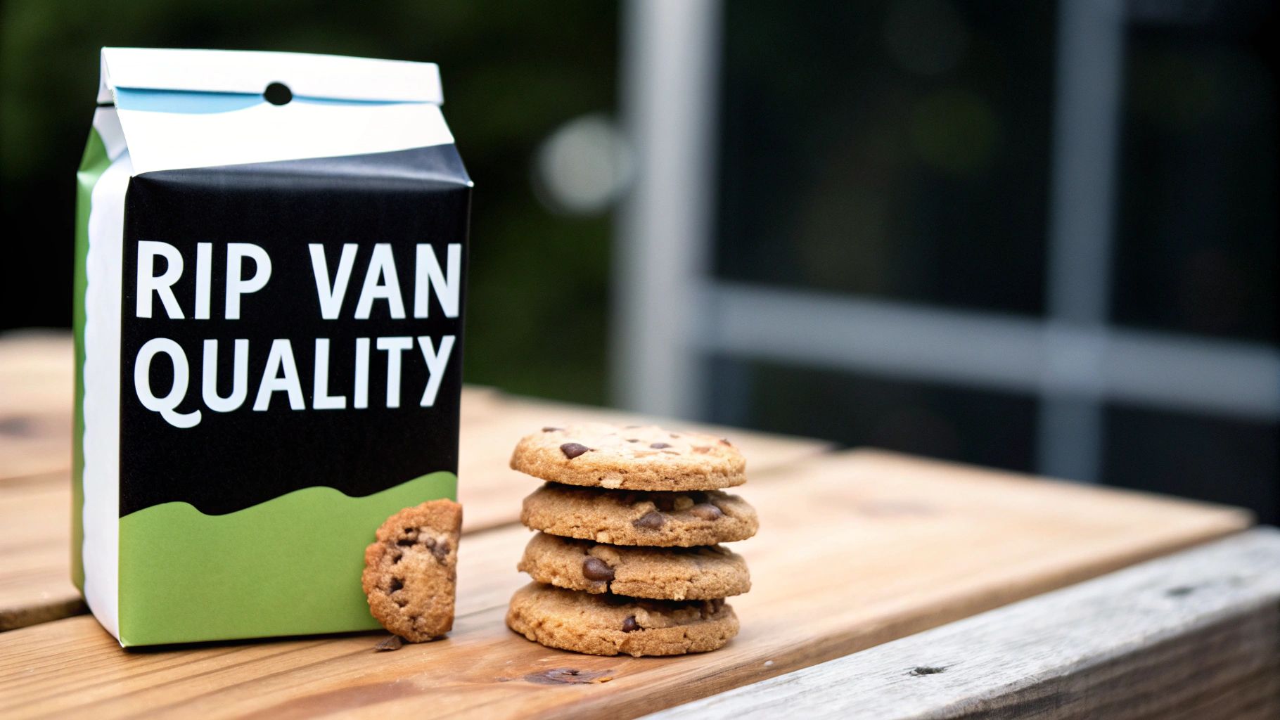 A carton labeled 'RIP VAN QUALITY' stands next to a stack of chocolate chip cookies on a wooden table.