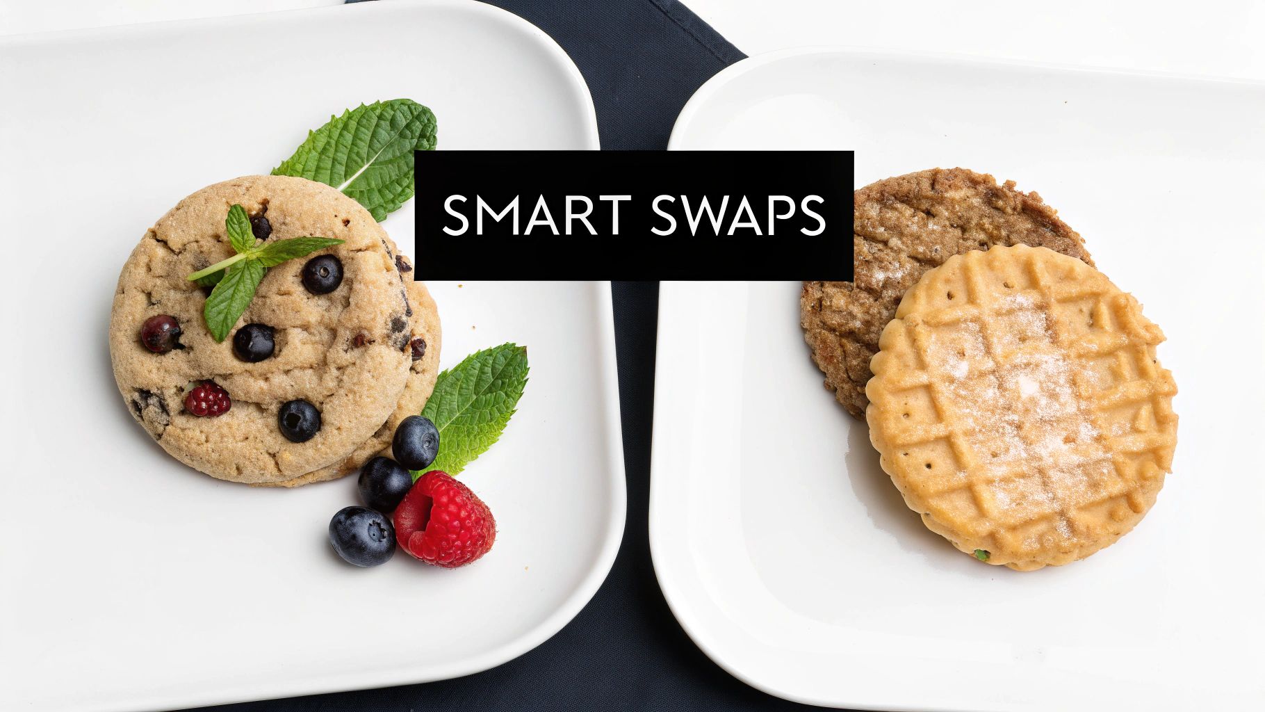 Two plates showing smart snack swaps. One has berry cookies with mint, the other has a waffle and cookie.