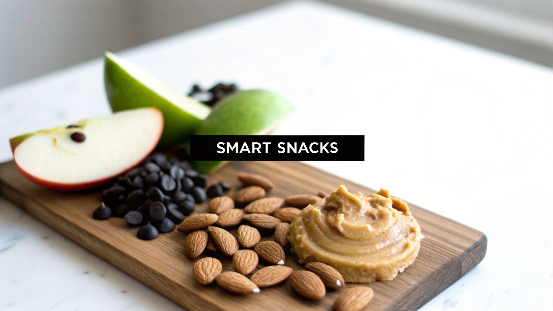 Healthy snack ingredients on a wooden board: apple slices, chocolate chips, almonds, and peanut butter.