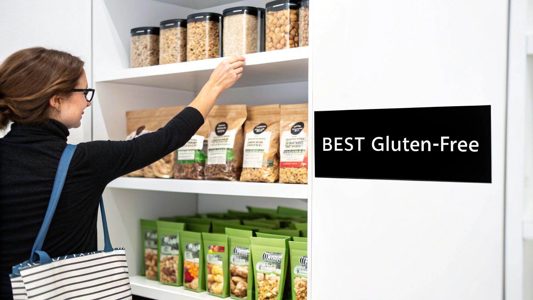 A woman in black glasses reaches for a gluten-free product on a white pantry shelf.