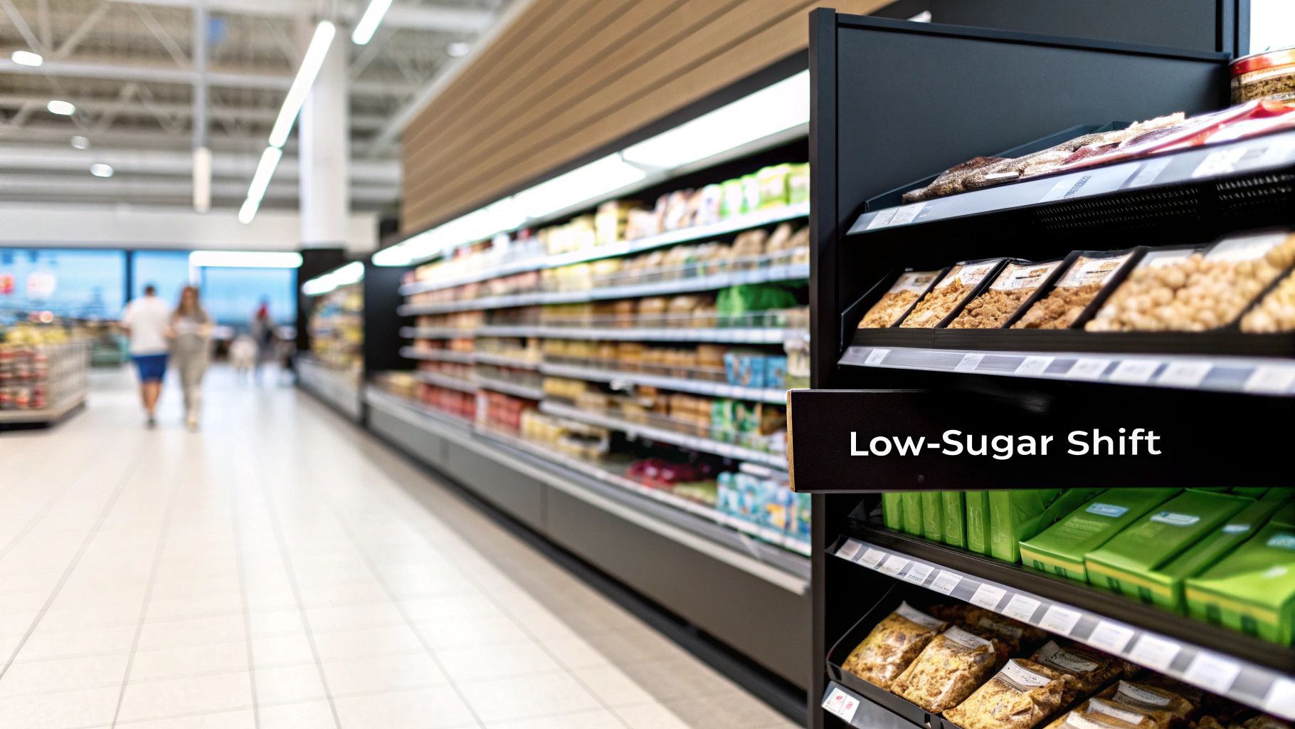 A brightly lit supermarket aisle featuring a display with packaged healthy snacks and a 'Low-Sugar Shift' sign.