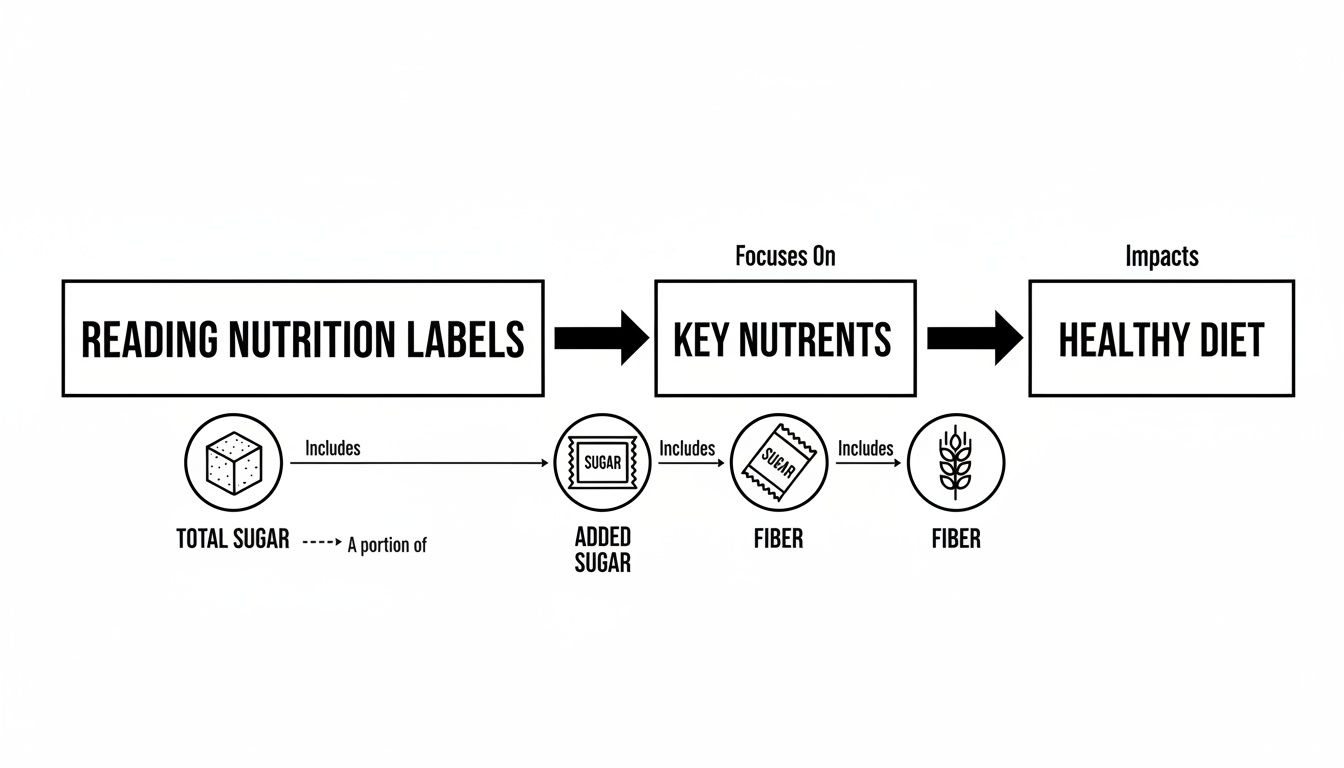 A diagram illustrating how reading nutrition labels for key nutrients like sugar and fiber influences a healthy diet.