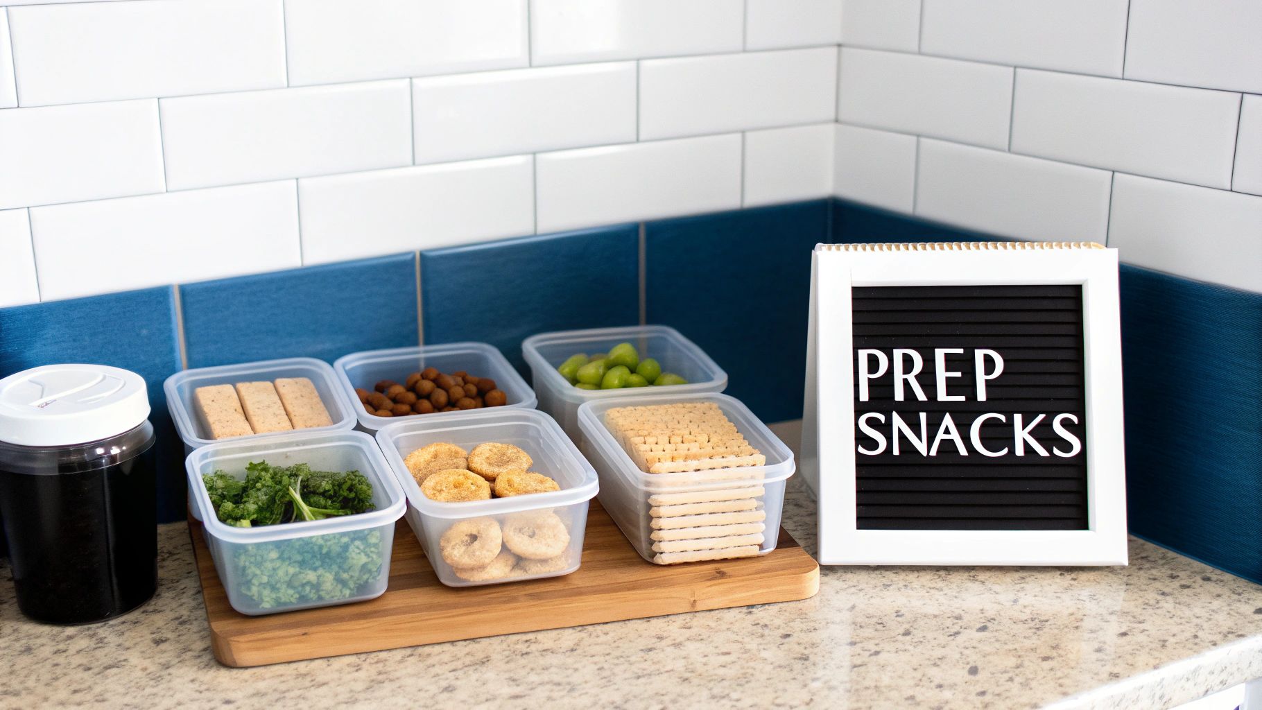 Six plastic containers of prepped snacks including grapes, nuts, crackers, and greens, next to a 'PREP SNACKS' sign.