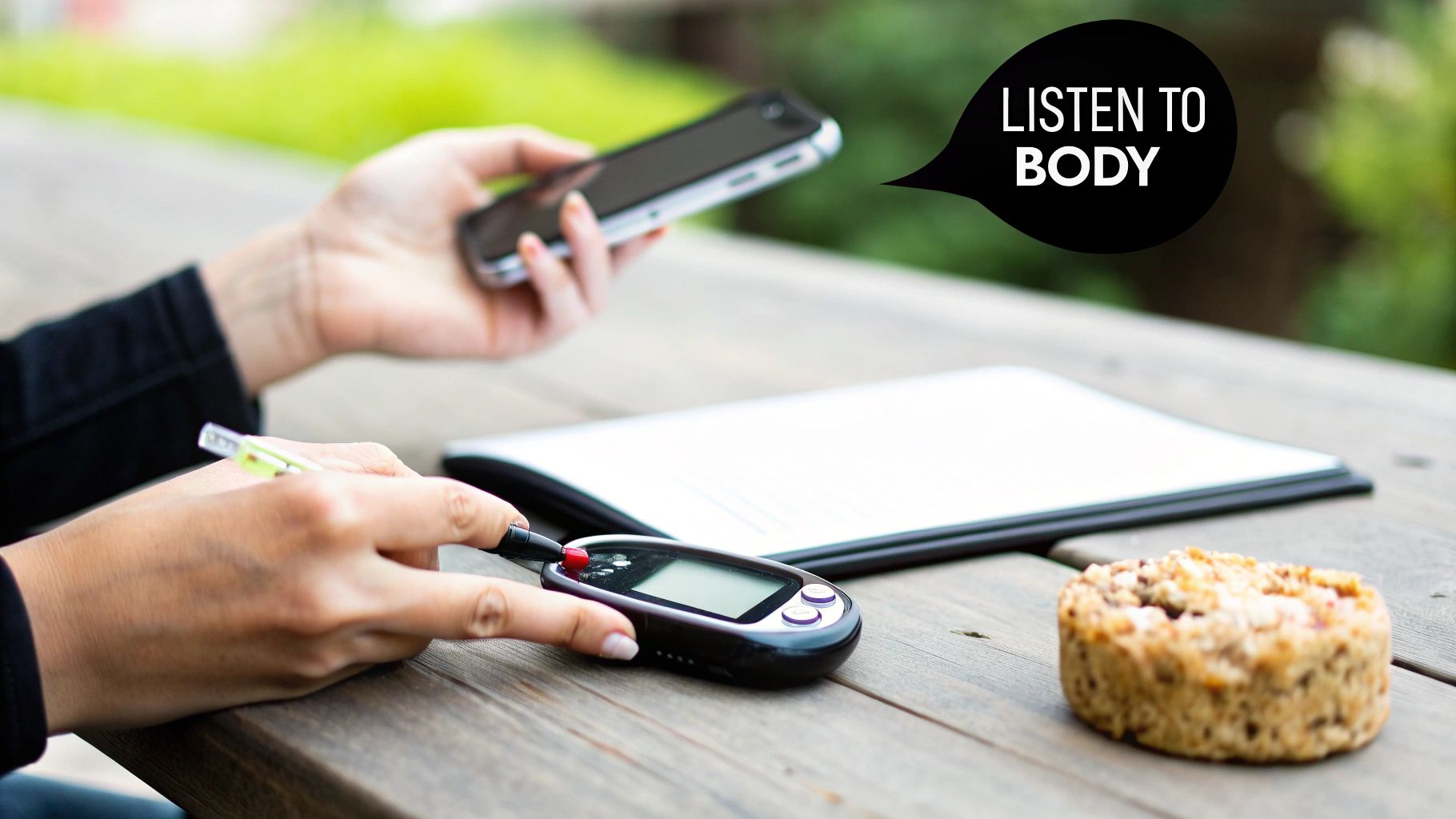 Person checks blood sugar with a glucose meter while holding a phone, with a snack and notebook nearby.